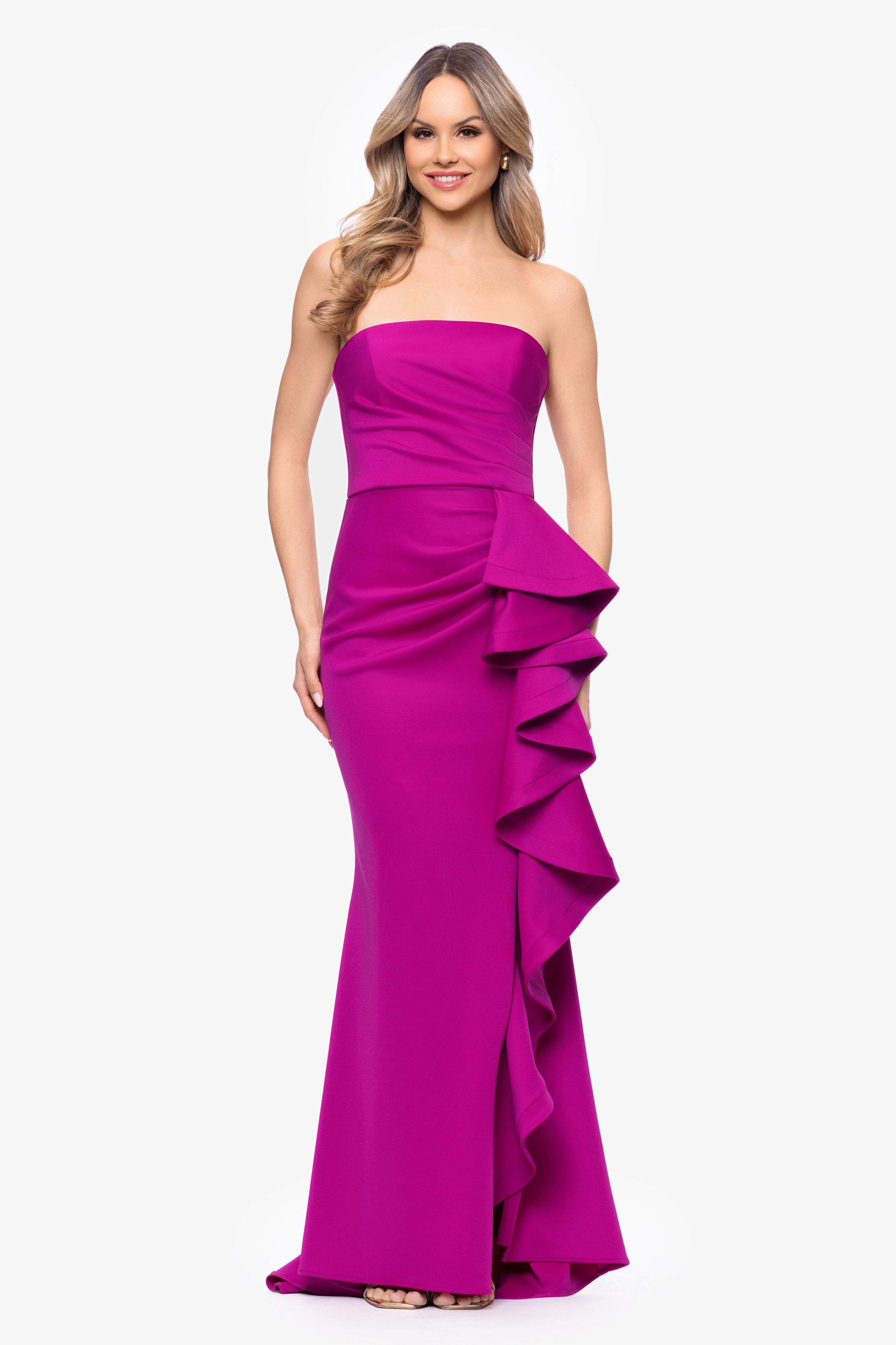 "Davina" Techno Scuba Strapless Ruffle Floor Length Dress
