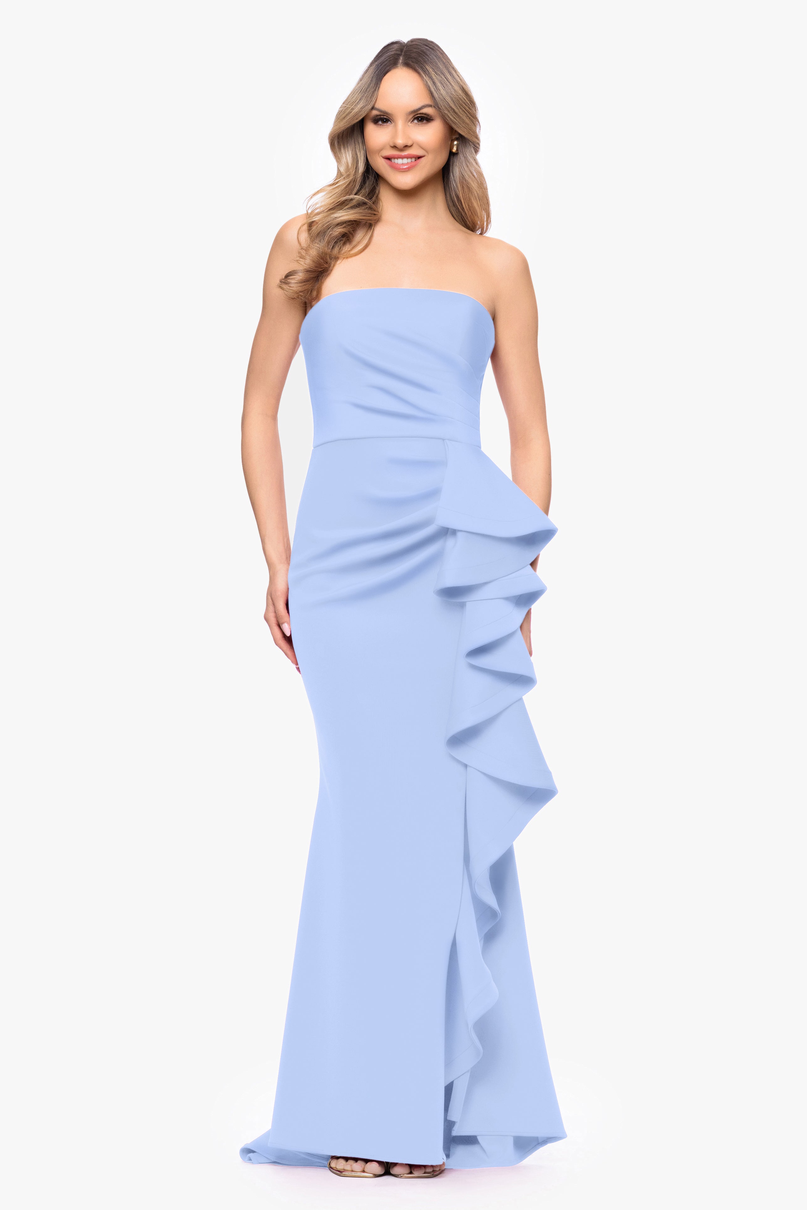 "Davina" Techno Scuba Strapless Ruffle Floor Length Dress