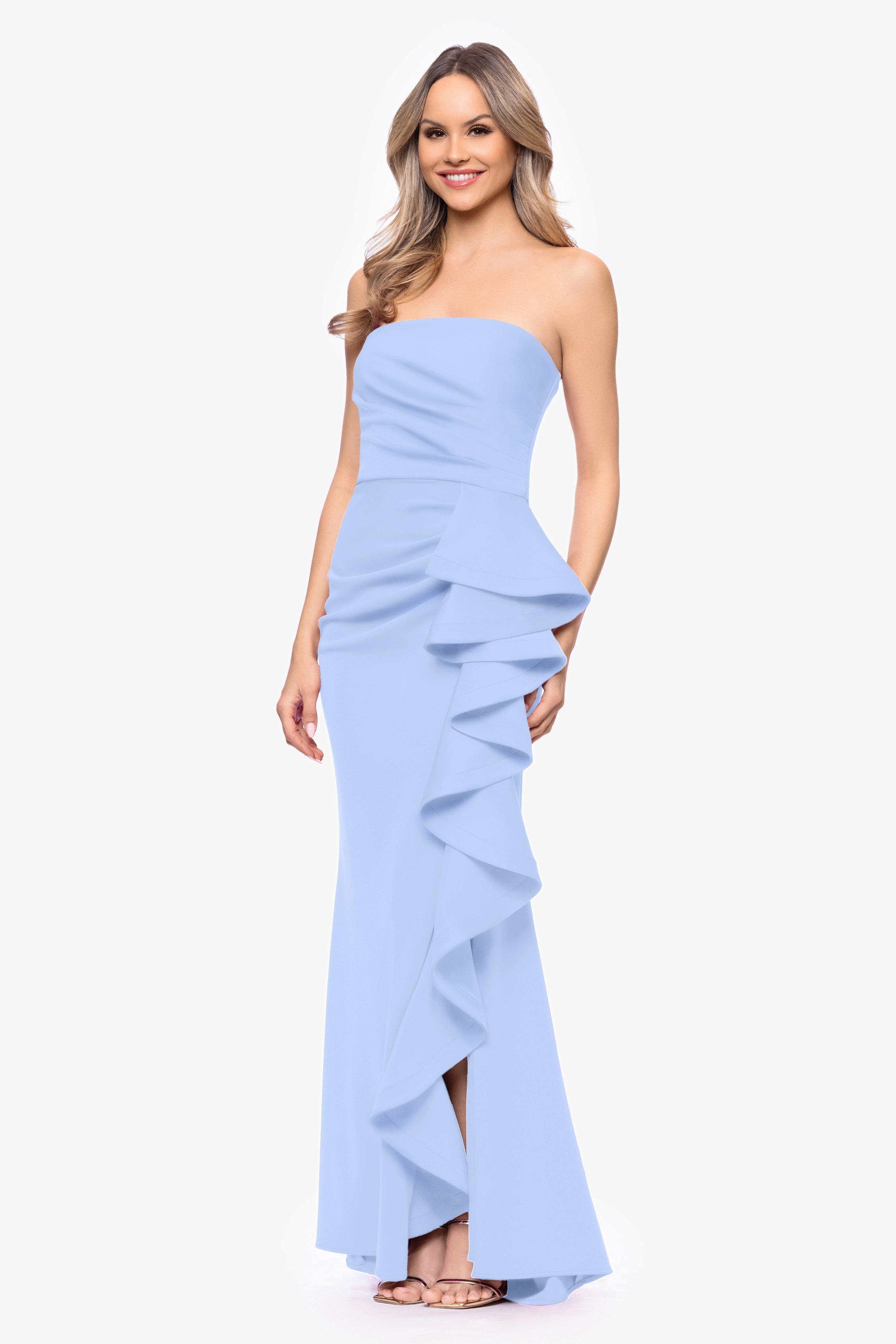 "Davina" Techno Scuba Strapless Ruffle Floor Length Dress