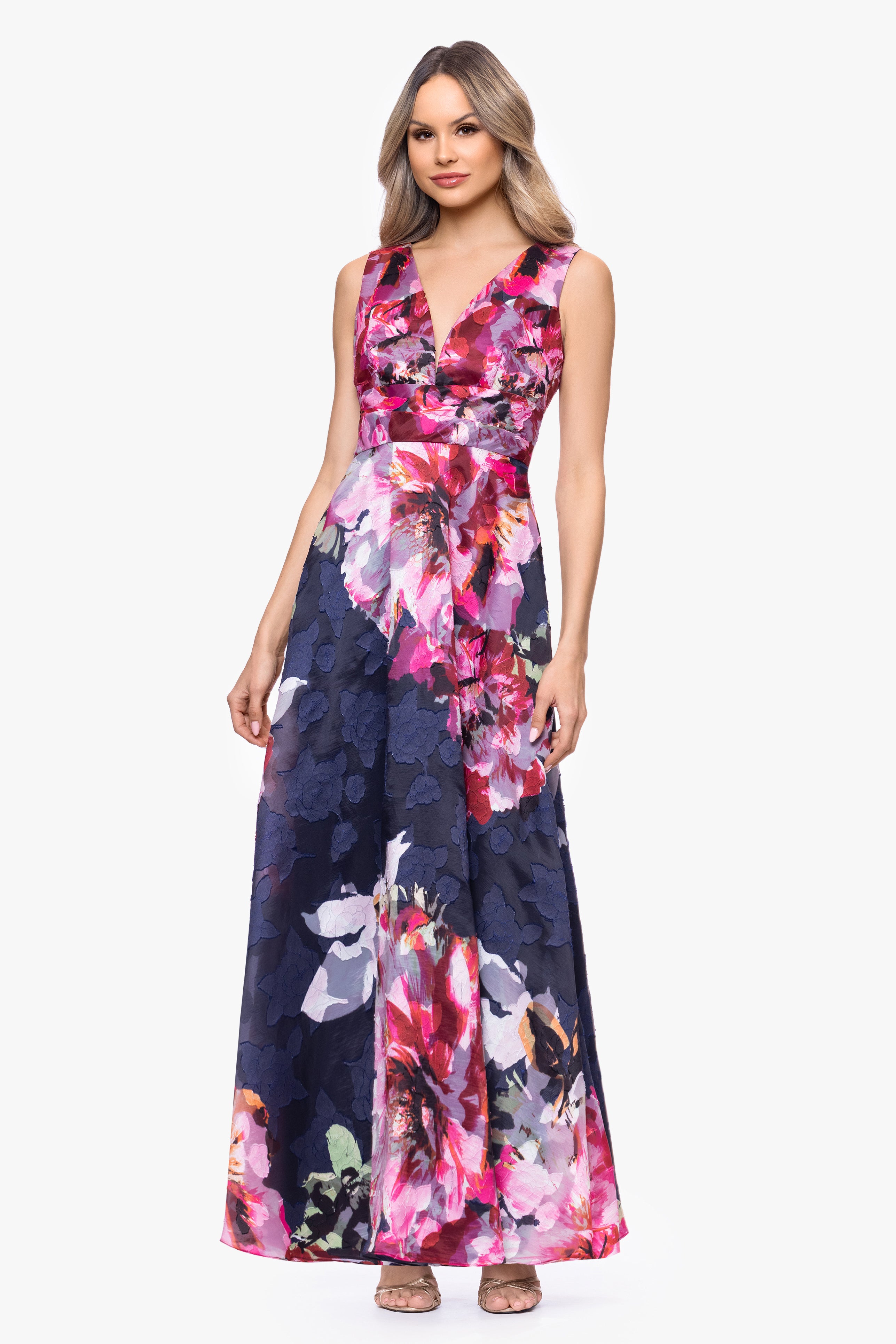 "Teagan" Jacquard Printed V-Neck Floor Length Dress