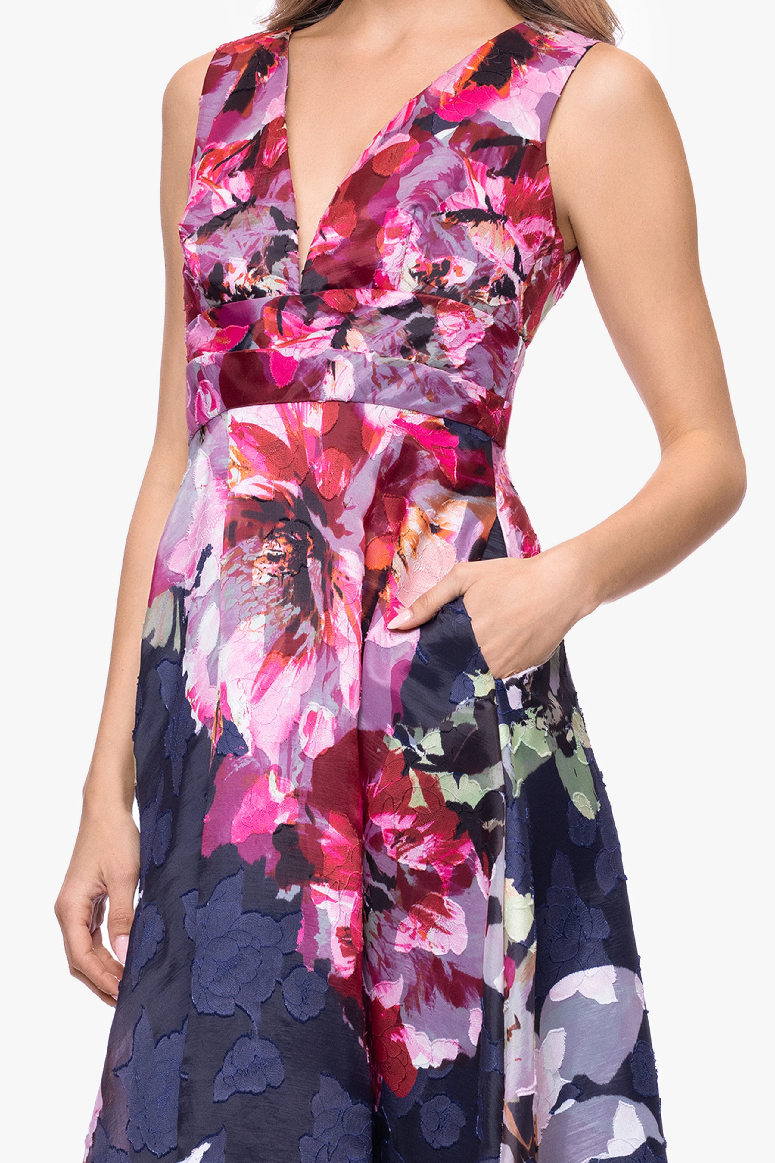 "Teagan" Jacquard Printed V-Neck Floor Length Dress