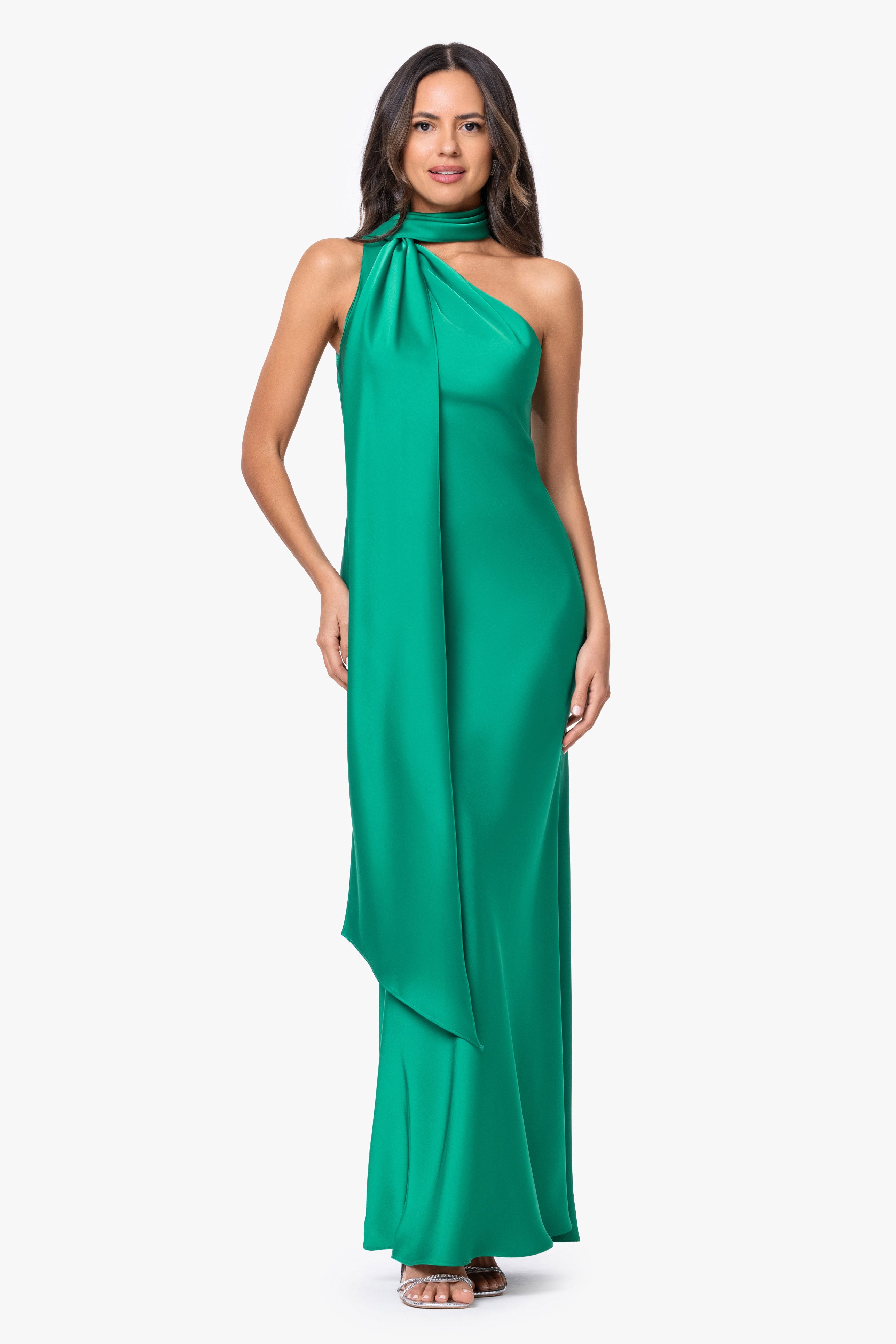 "Fallon" Satin Asymmetrical Necktie Sash Long Dress