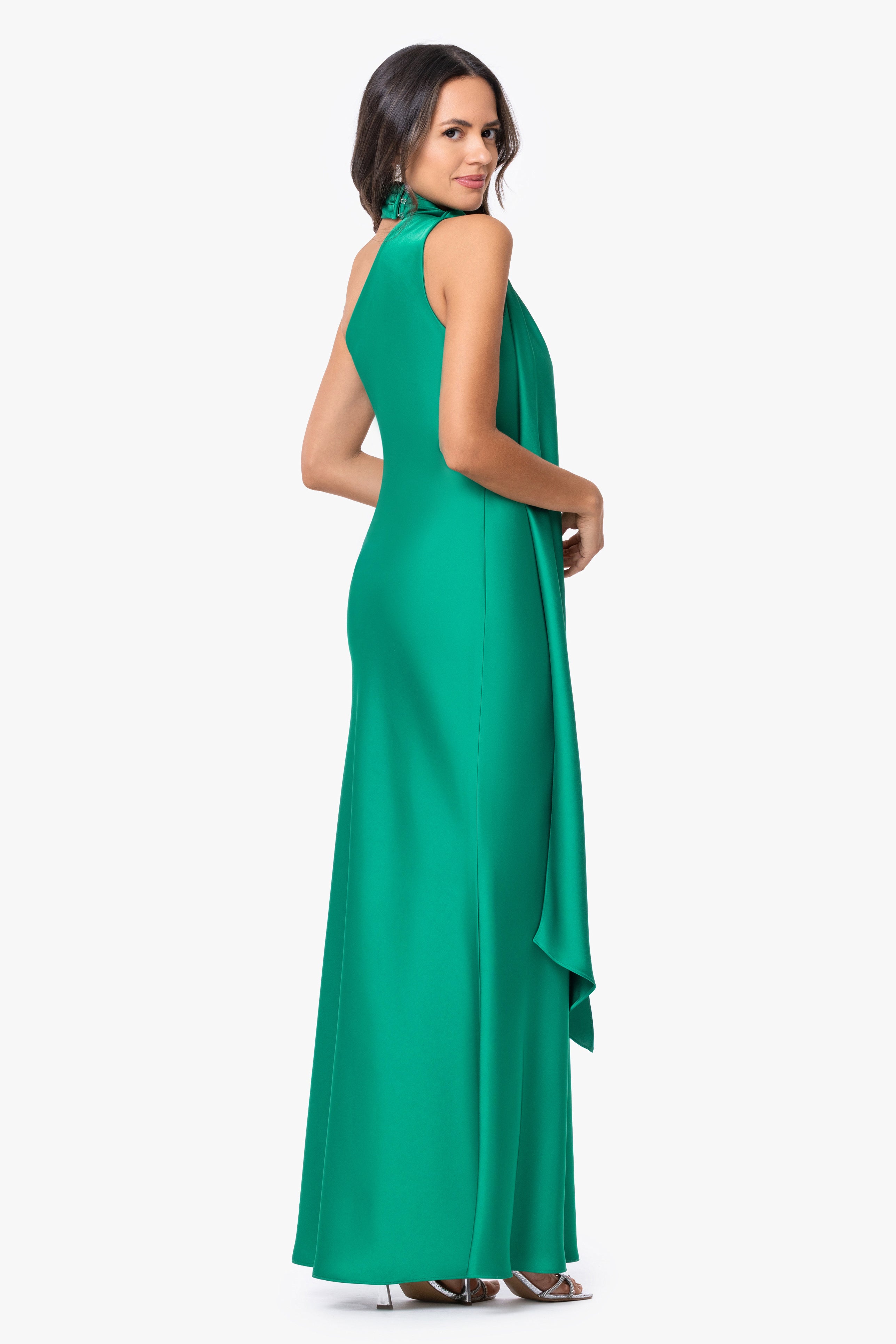 "Fallon" Satin Asymmetrical Necktie Sash Long Dress