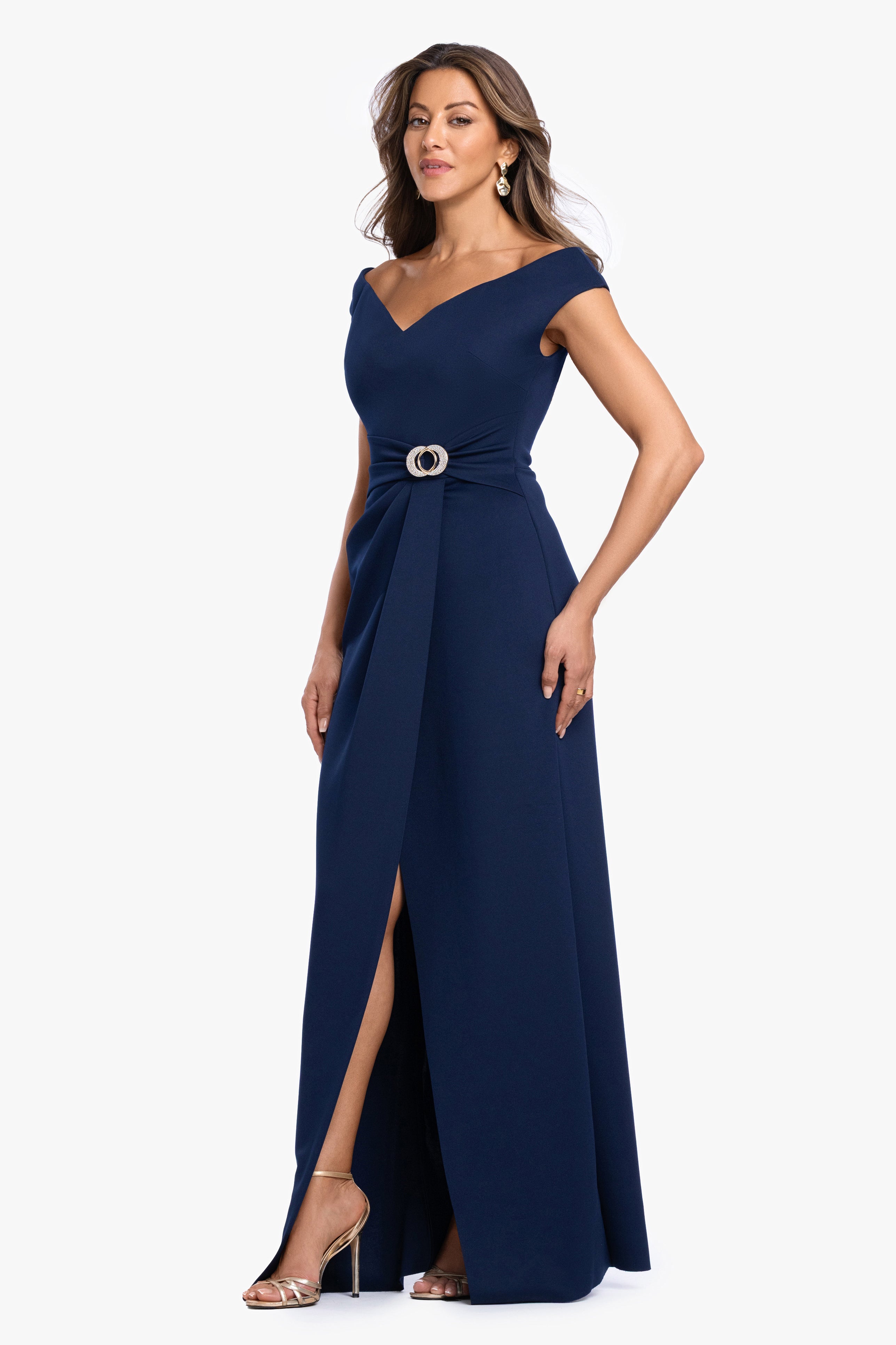 Petite "Shiloh" Techno Scuba Off Shoulder Dress