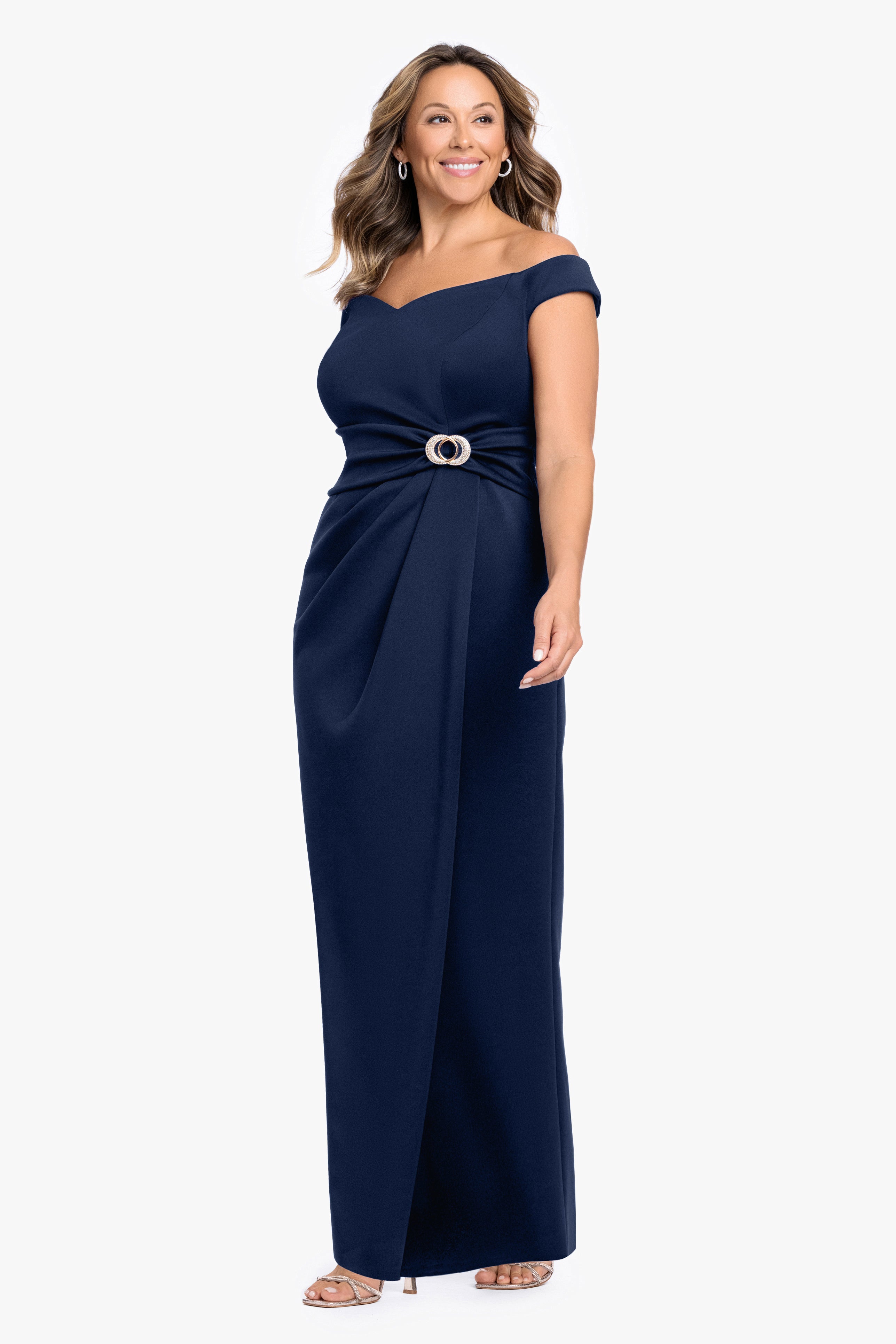 Plus "Shiloh" Techno Scuba Off Shoulder Dress