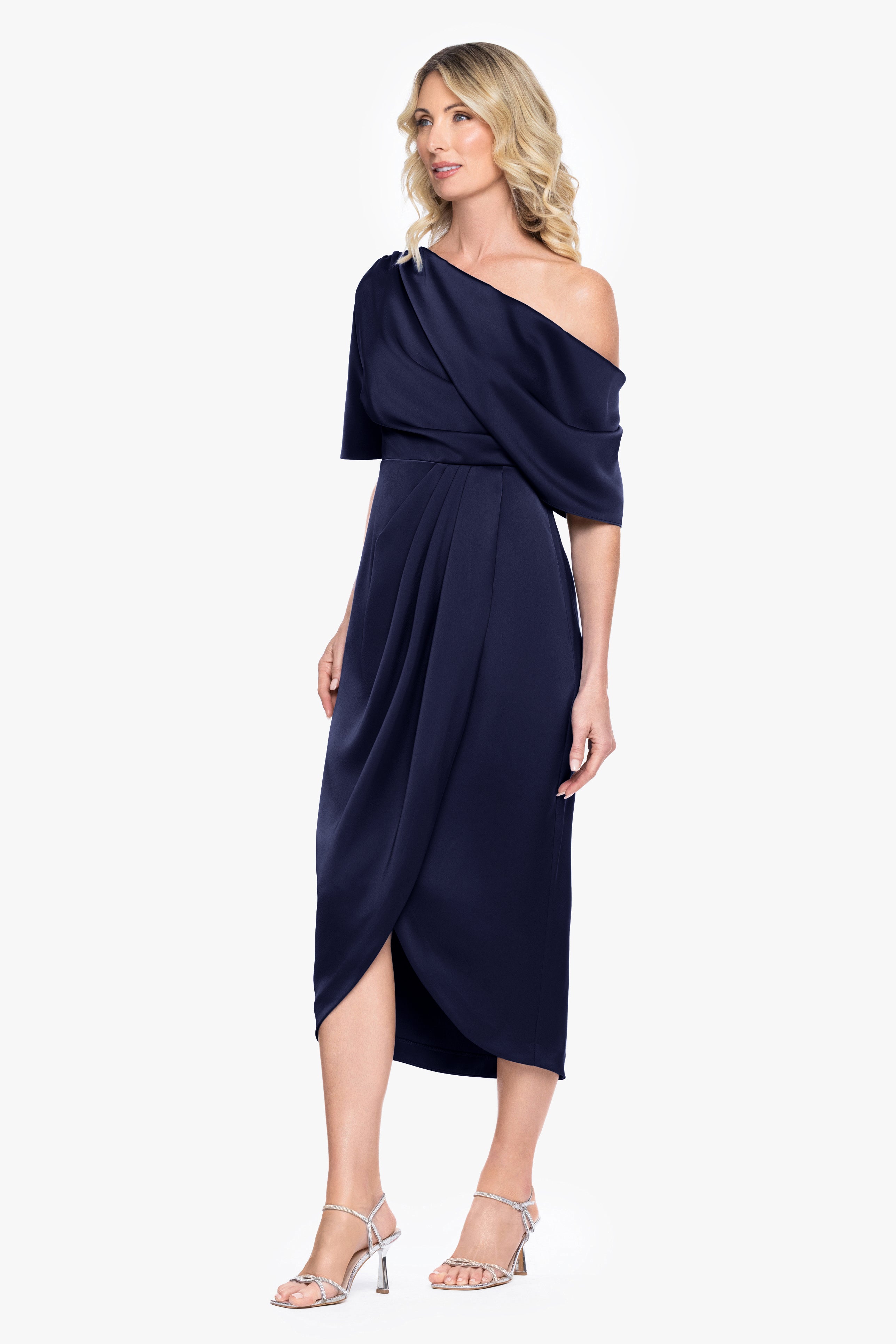 "Sylvie" Satin Short Sleeve Tulip Midi Dress