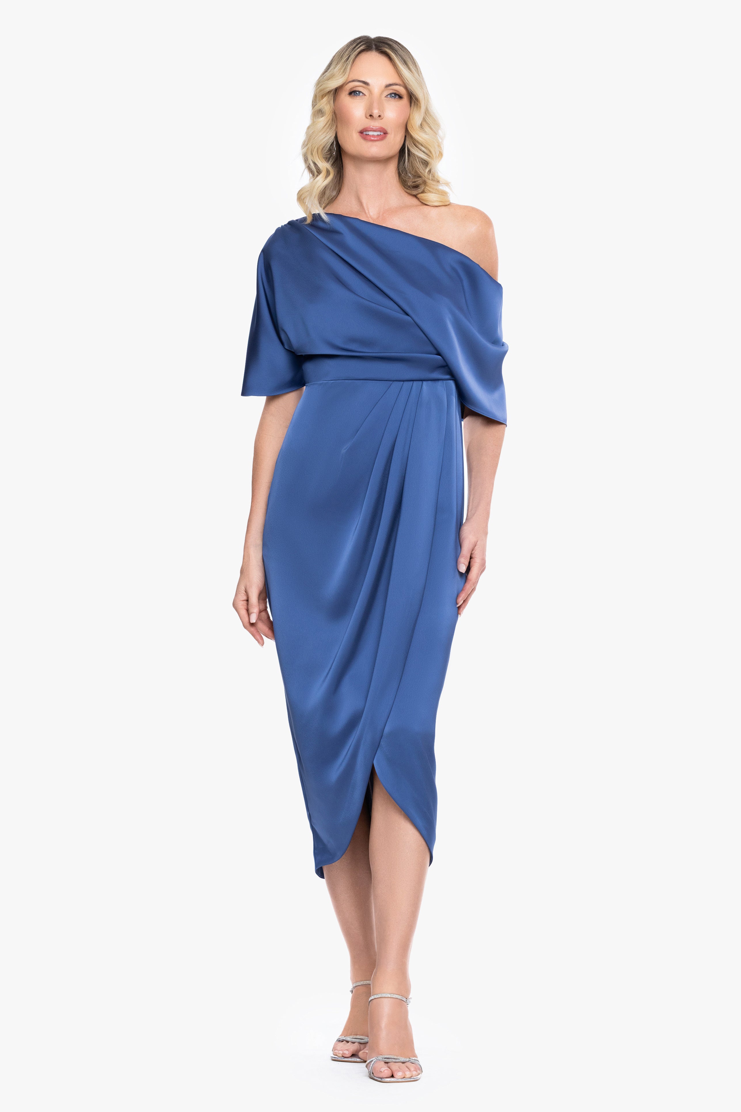 "Sylvie" Satin Short Sleeve Tulip Midi Dress