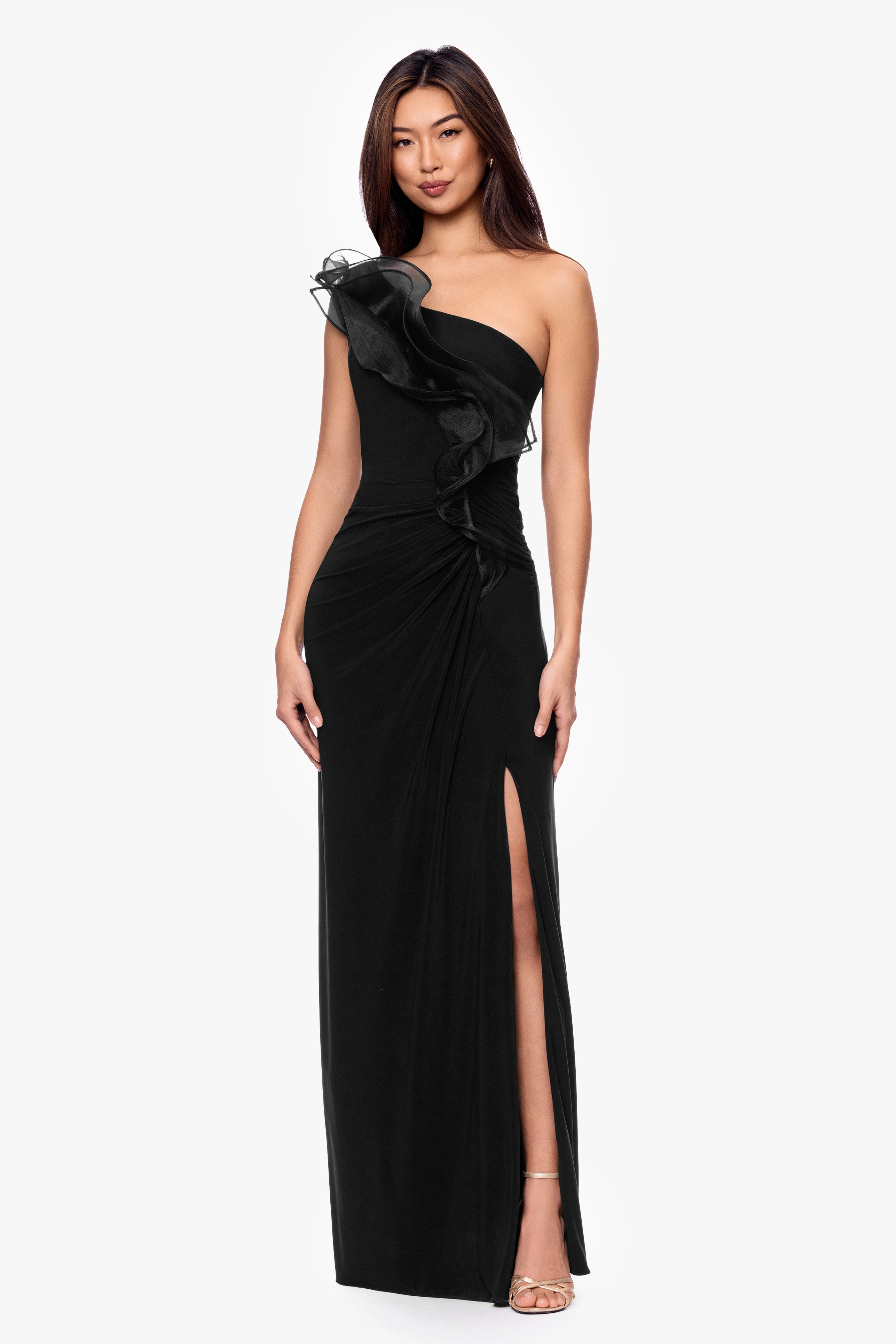 "Jade" Jersey Knit One Shoulder Organza Ruffle Long Dress