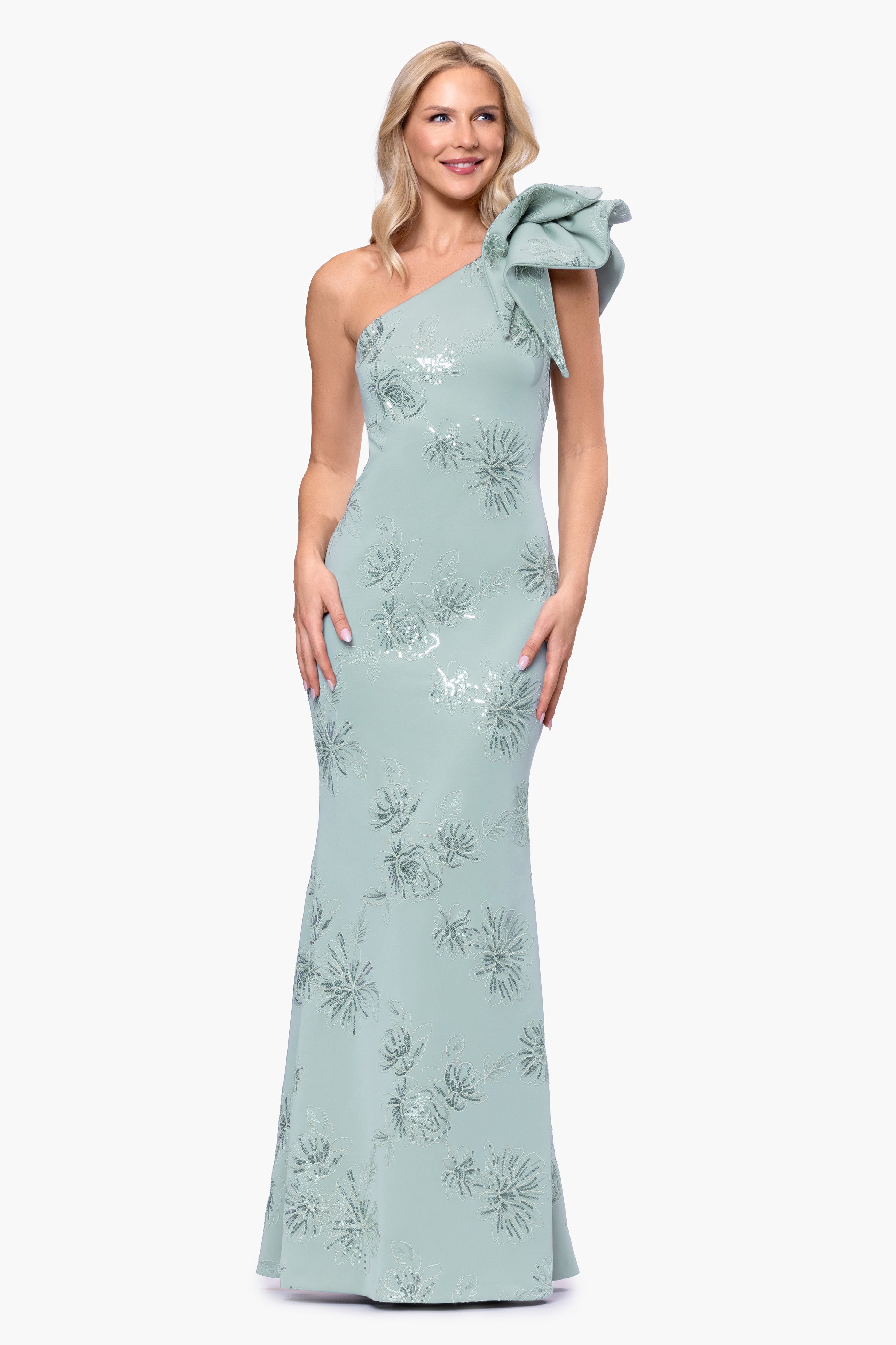 "Kaylin" Techno Scuba Embellished One Shoulder Floor Length Dress