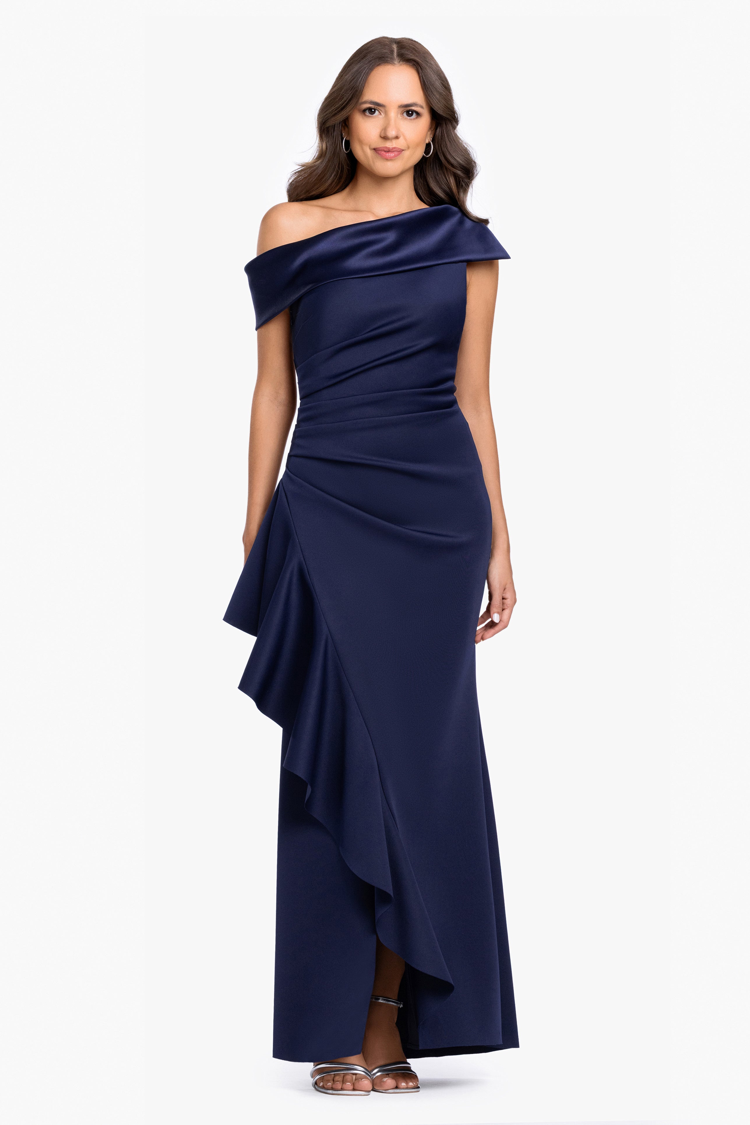 Petite "Mariah" Techno Scuba Off The Shoulder Dress
