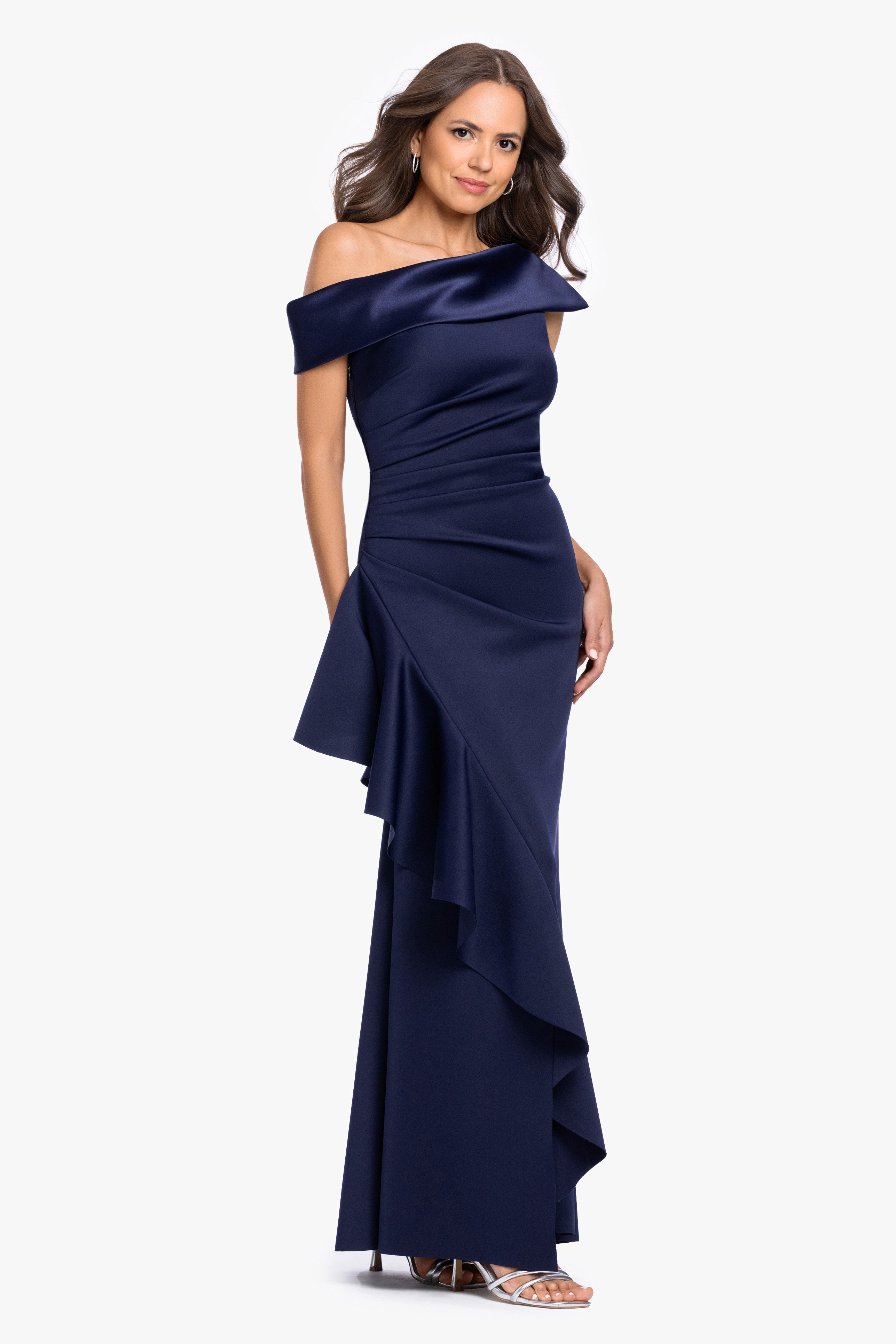 Petite "Mariah" Techno Scuba Off The Shoulder Dress