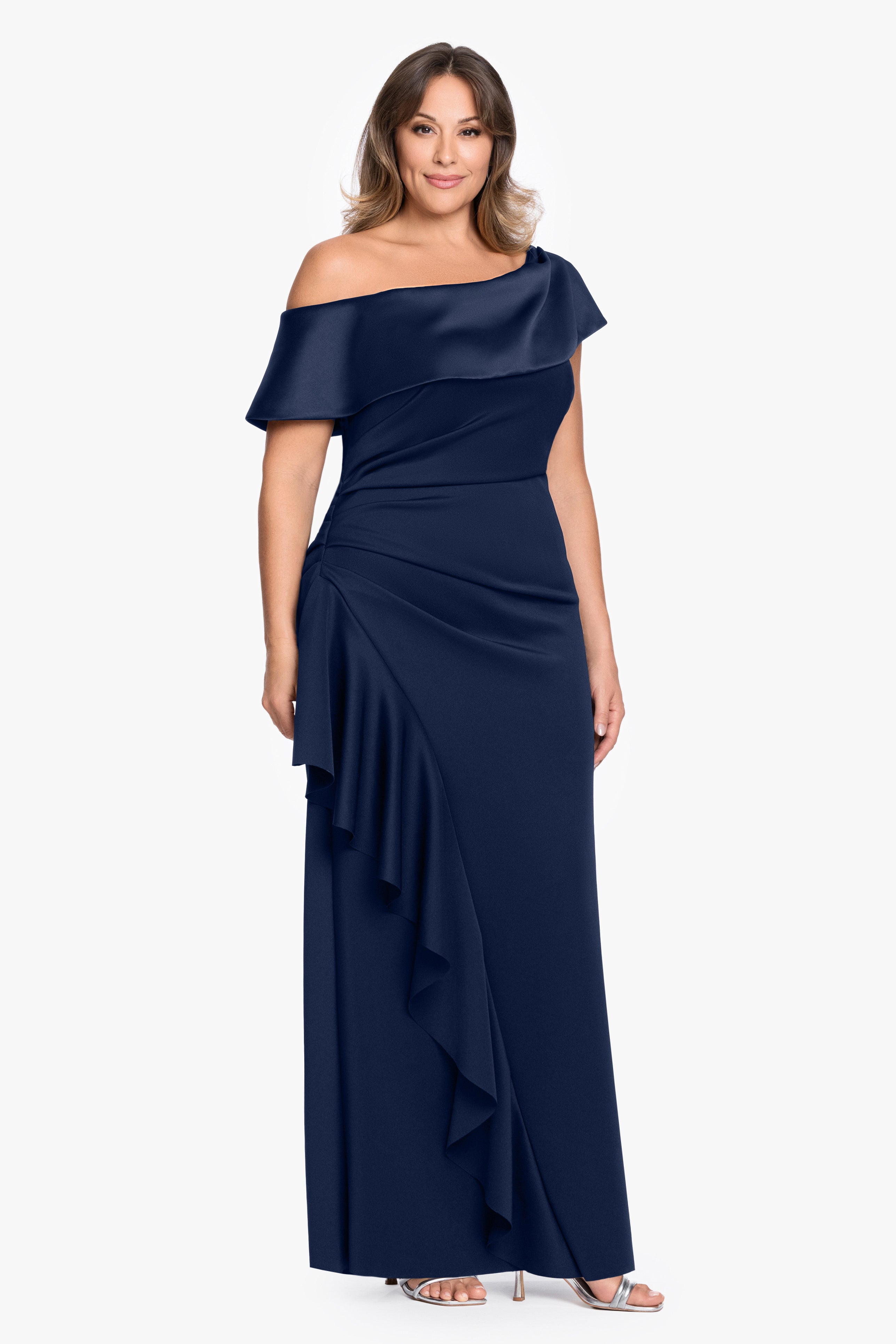 Plus "Mariah" Techno Scuba Off The Shoulder Asymmetrical Neck Long Dress