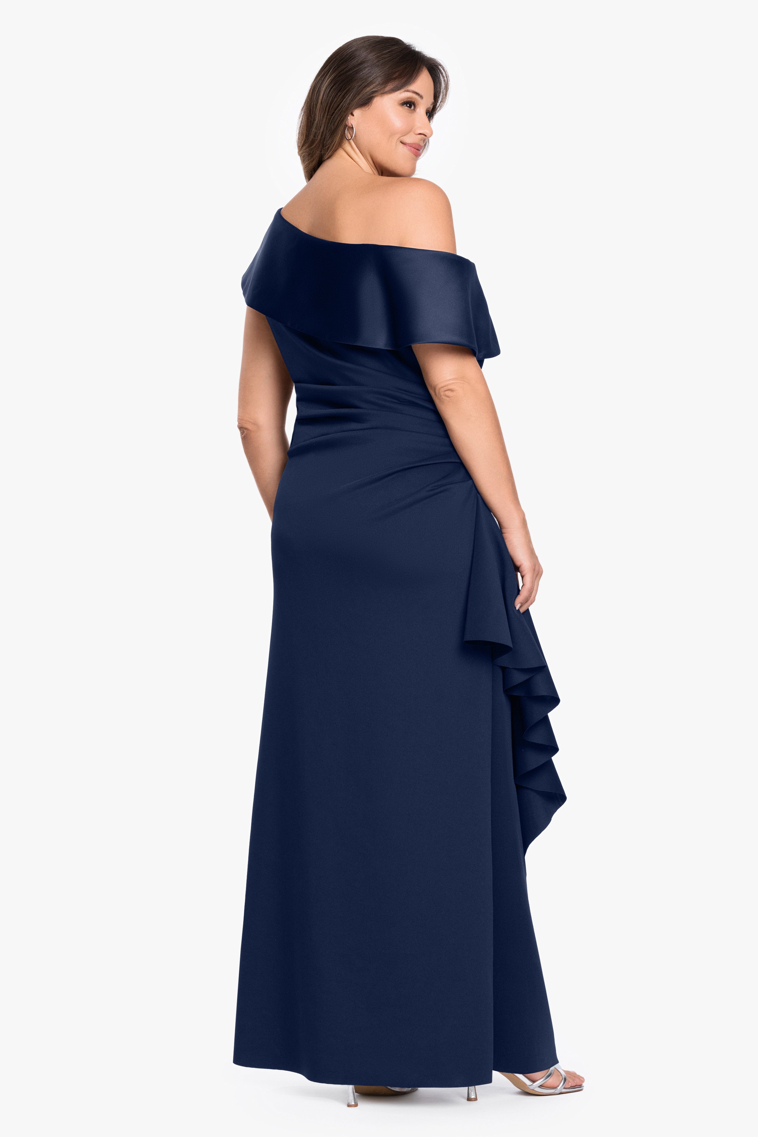 Plus "Mariah" Techno Scuba Off The Shoulder Asymmetrical Neck Long Dress