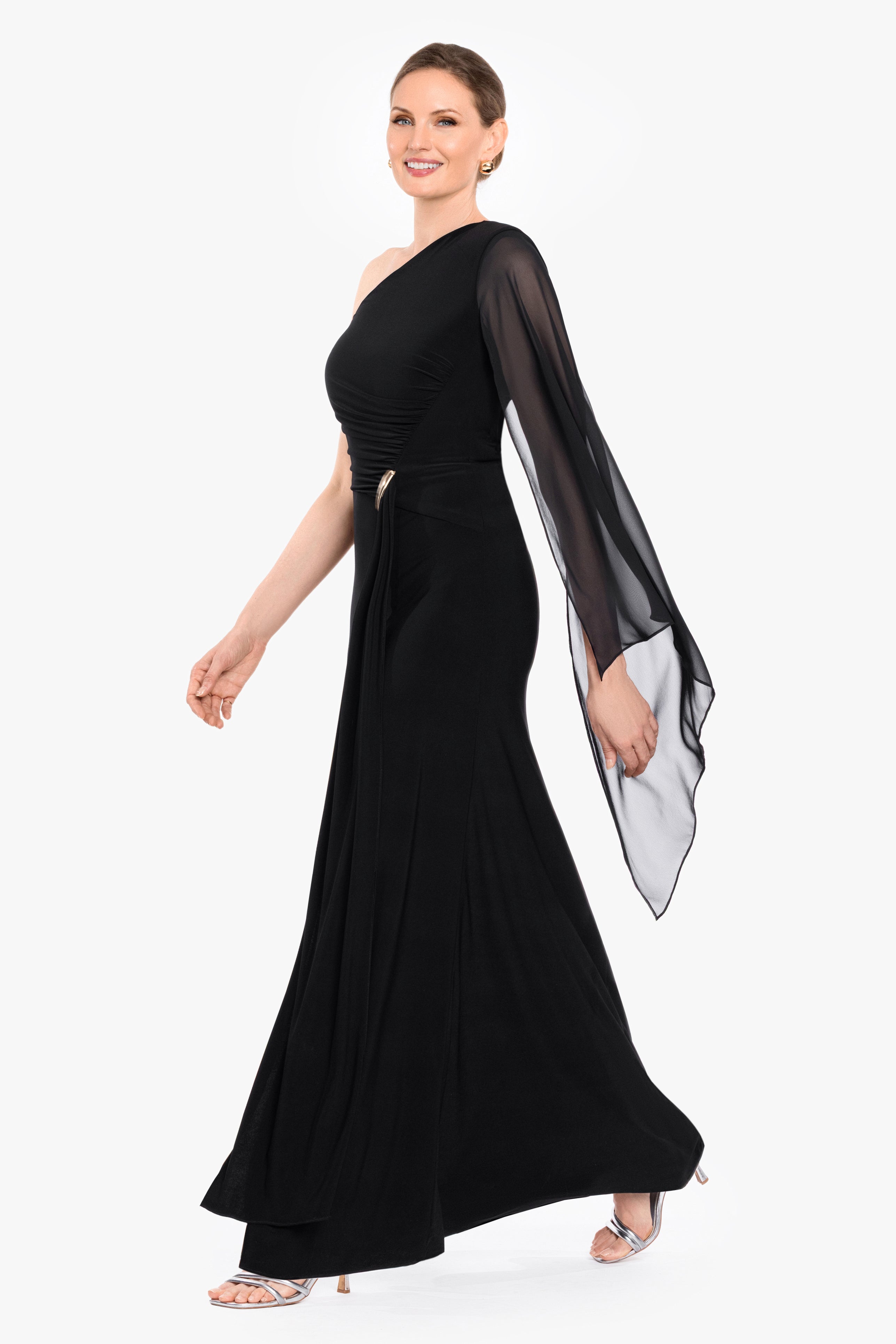 "Colleen" Jersey Knit & Chiffon One Shoulder Dress
