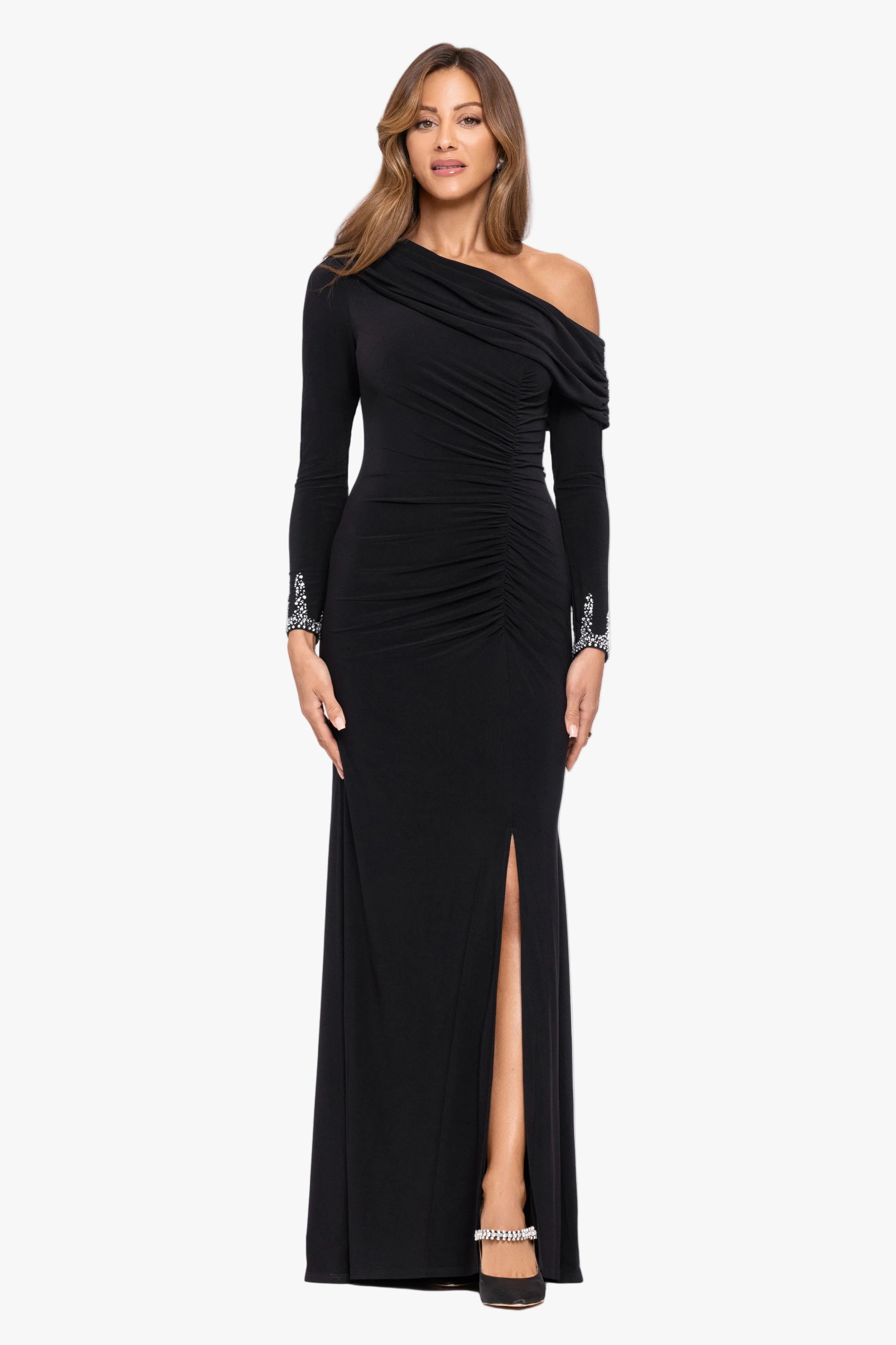 "Tamara" Jersey Knit Off The Shoulder Long Beaded Sleeve Dress
