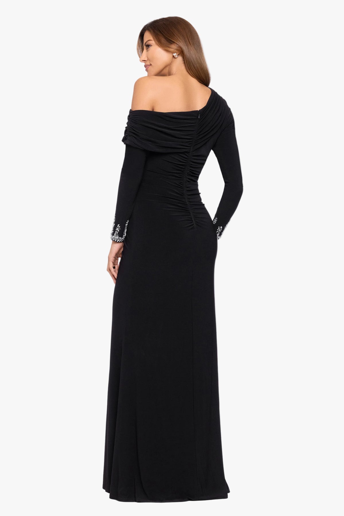 "Tamara" Jersey Knit Off The Shoulder Long Beaded Sleeve Dress