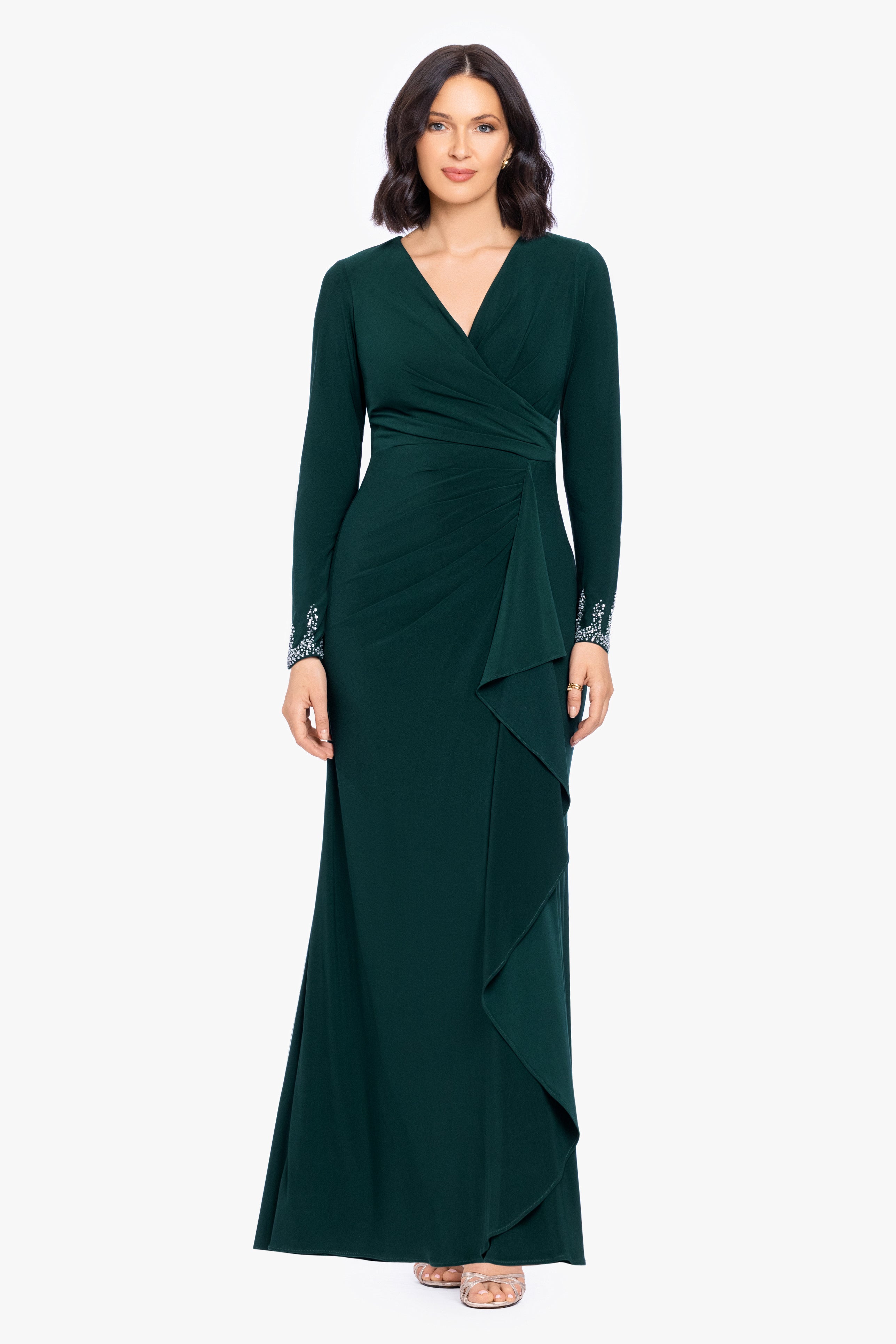 Petite "Lenora" Jersey Knit Beaded Long Sleeve V-Neck Dress