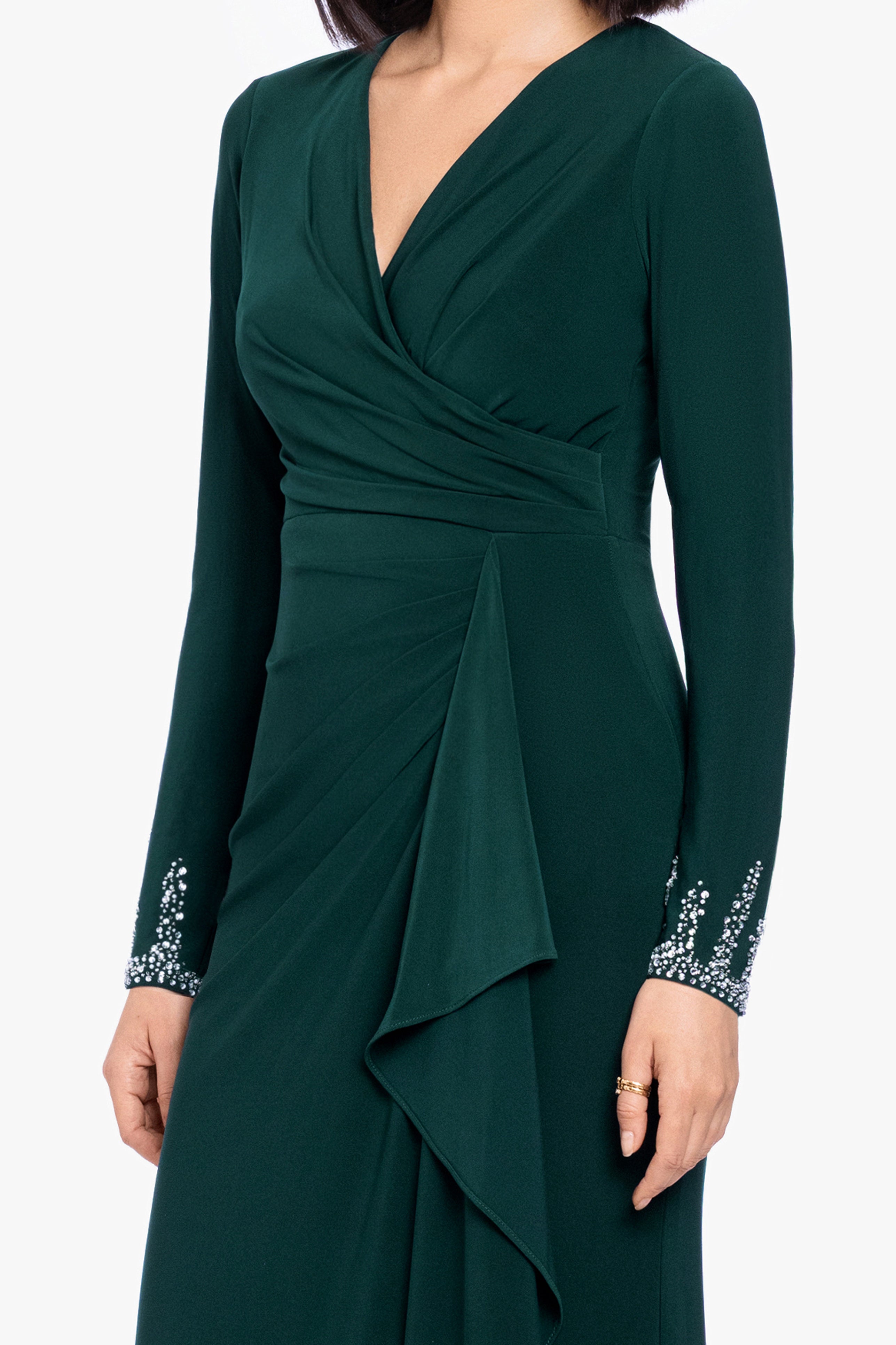 Petite "Lenora" Jersey Knit Beaded Long Sleeve V-Neck Dress