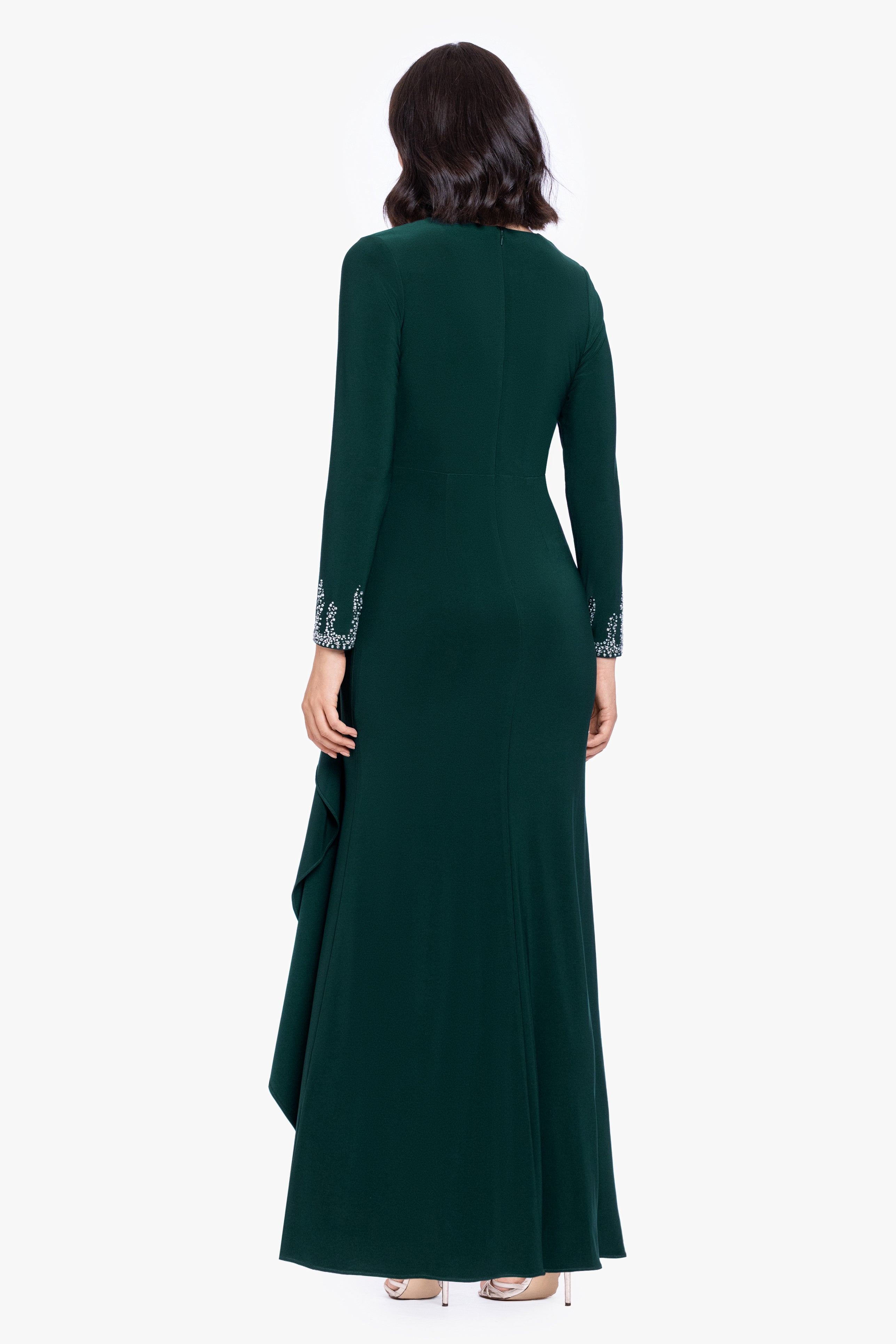 Petite "Lenora" Jersey Knit Beaded Long Sleeve V-Neck Dress