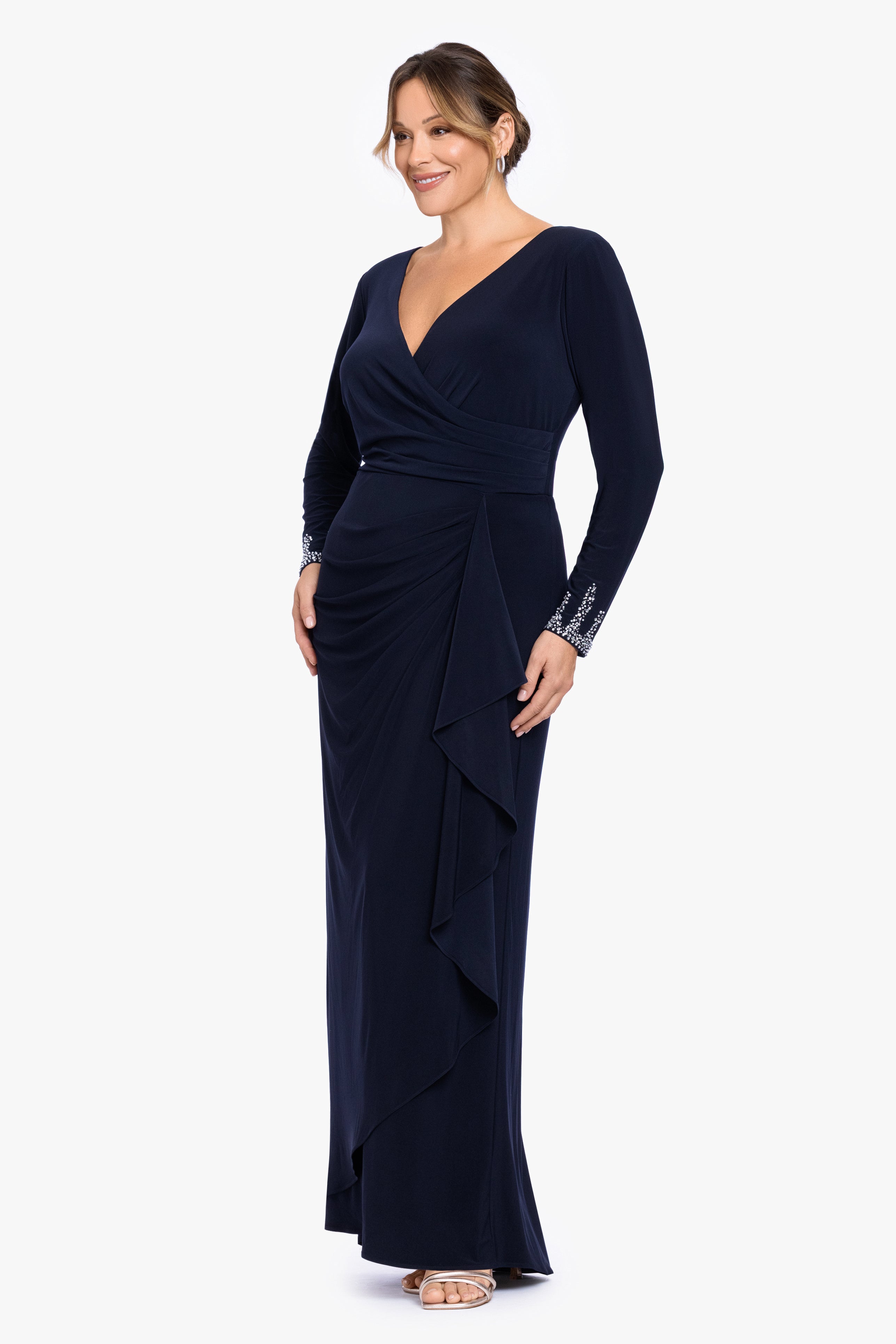 Plus "Lenora" Jersey Knit Beaded Long Sleeve V-Neck Dress