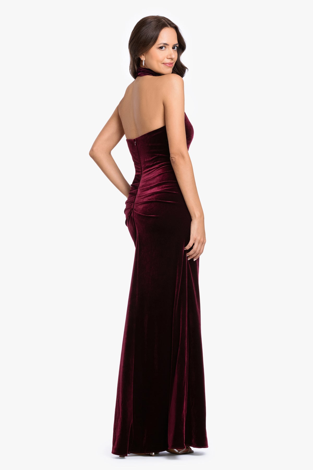 "Scarlett" Velvet Halter Ruched Back Dress