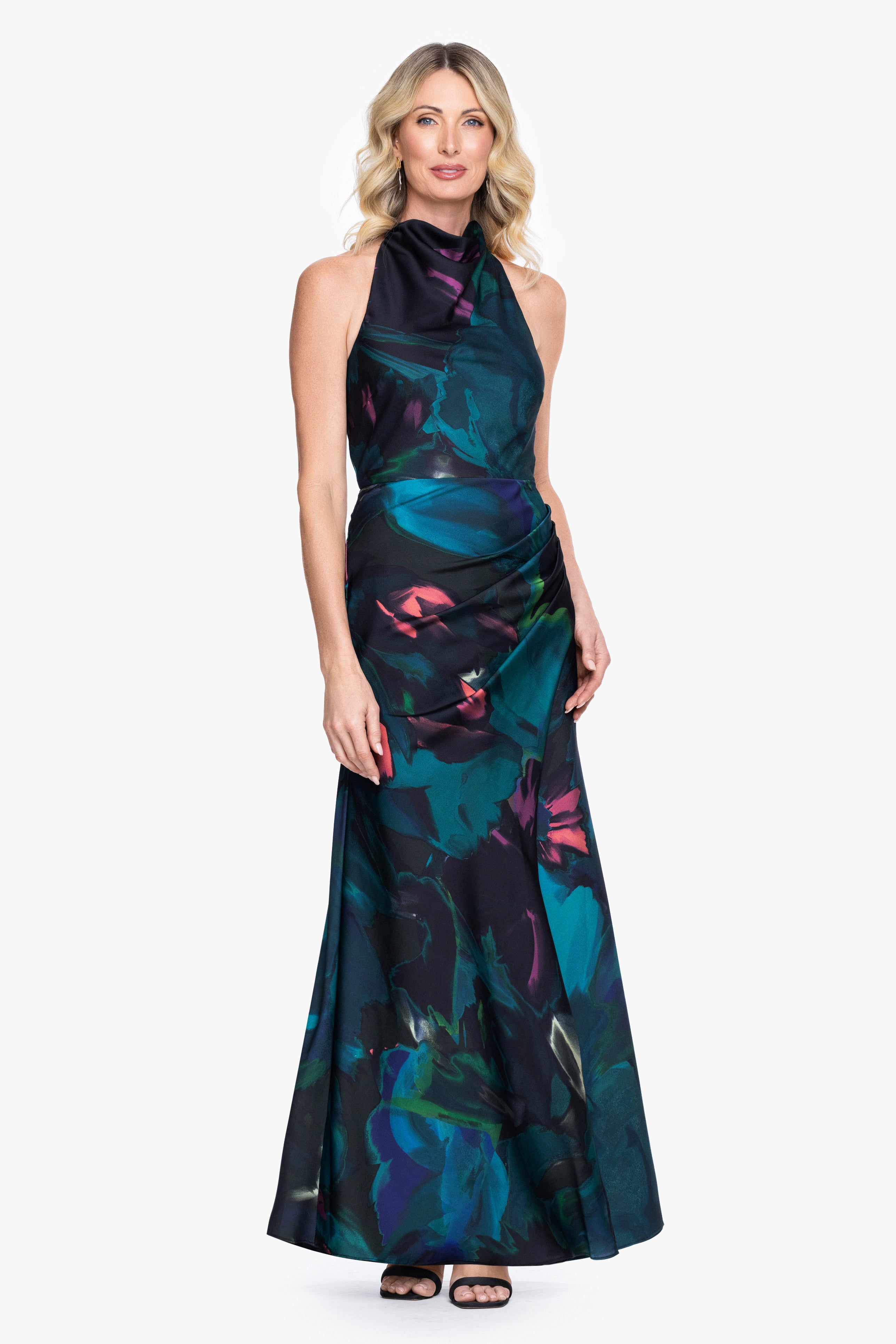 Petite "River" Printed Charmeuse Halter Dress