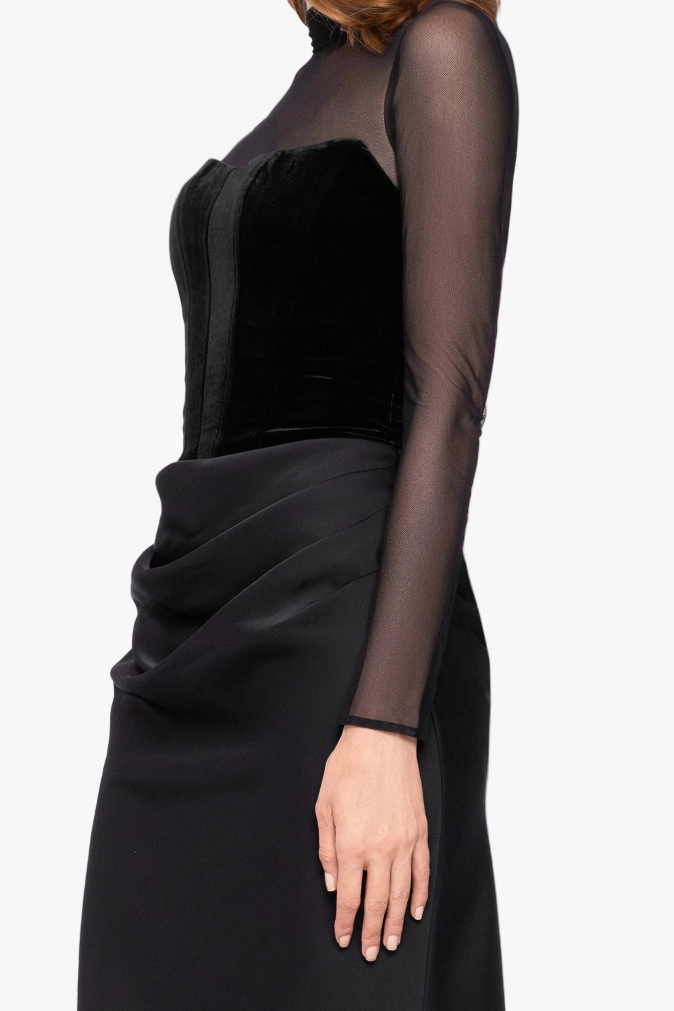 "Julia" Velvet Mock Neck & Satin Skirt Dress