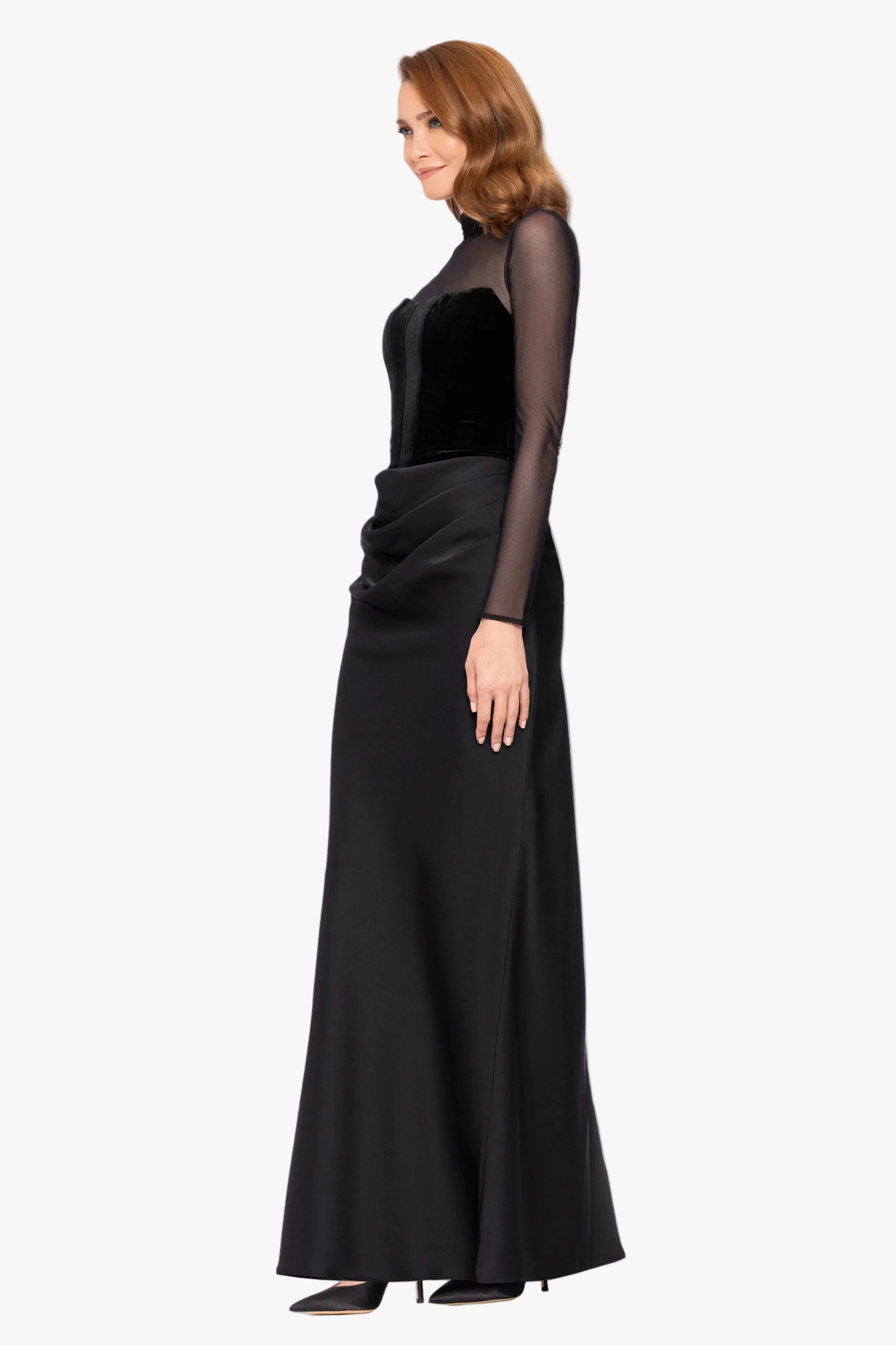 "Julia" Velvet Mock Neck & Satin Skirt Dress