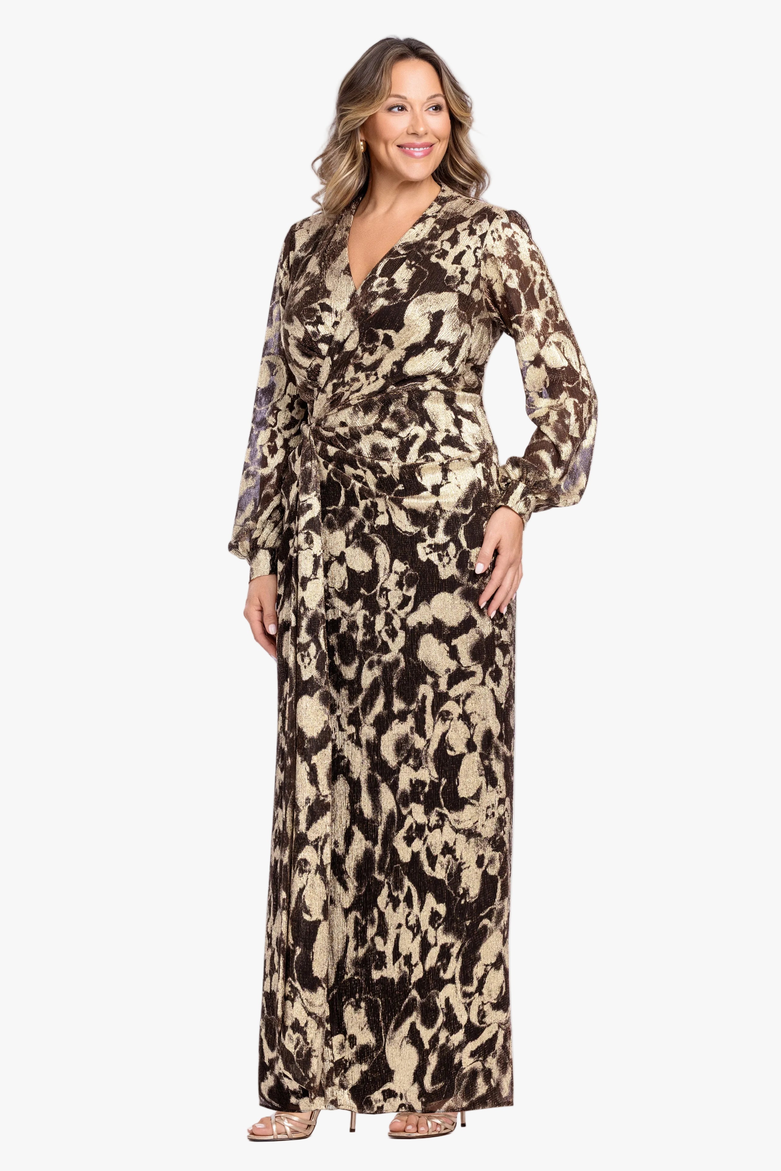 Plus "Bailey" Crinkle Metallic V-Neck Long Sleeve Dress