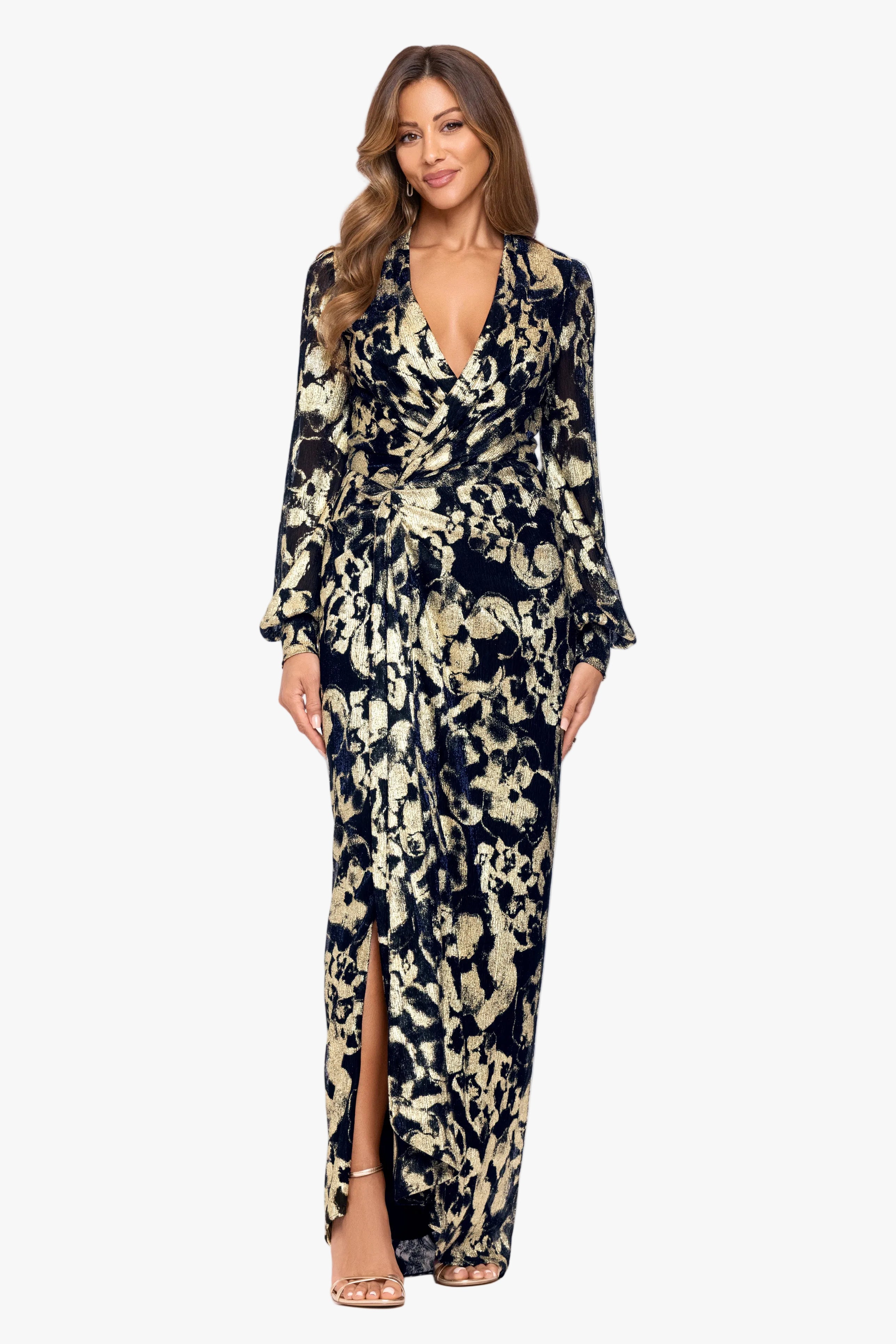 "Bailey" Crinkle Metallic V-Neck Long Sleeve Dress