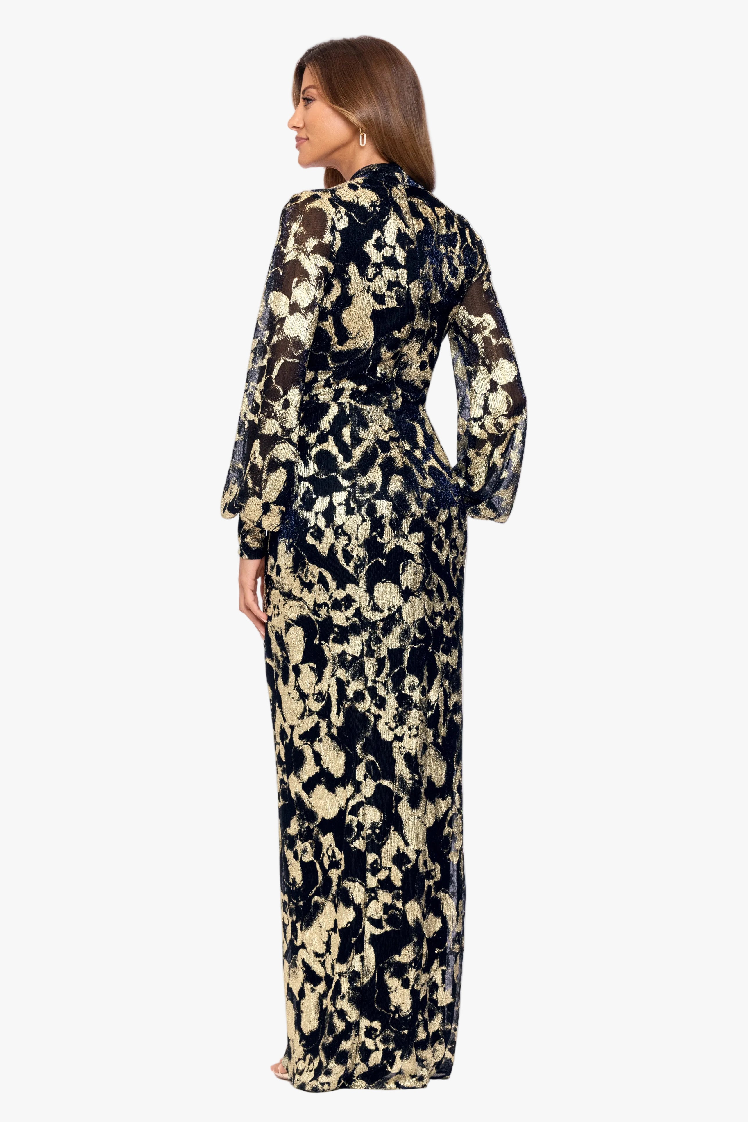 "Bailey" Crinkle Metallic V-Neck Long Sleeve Dress
