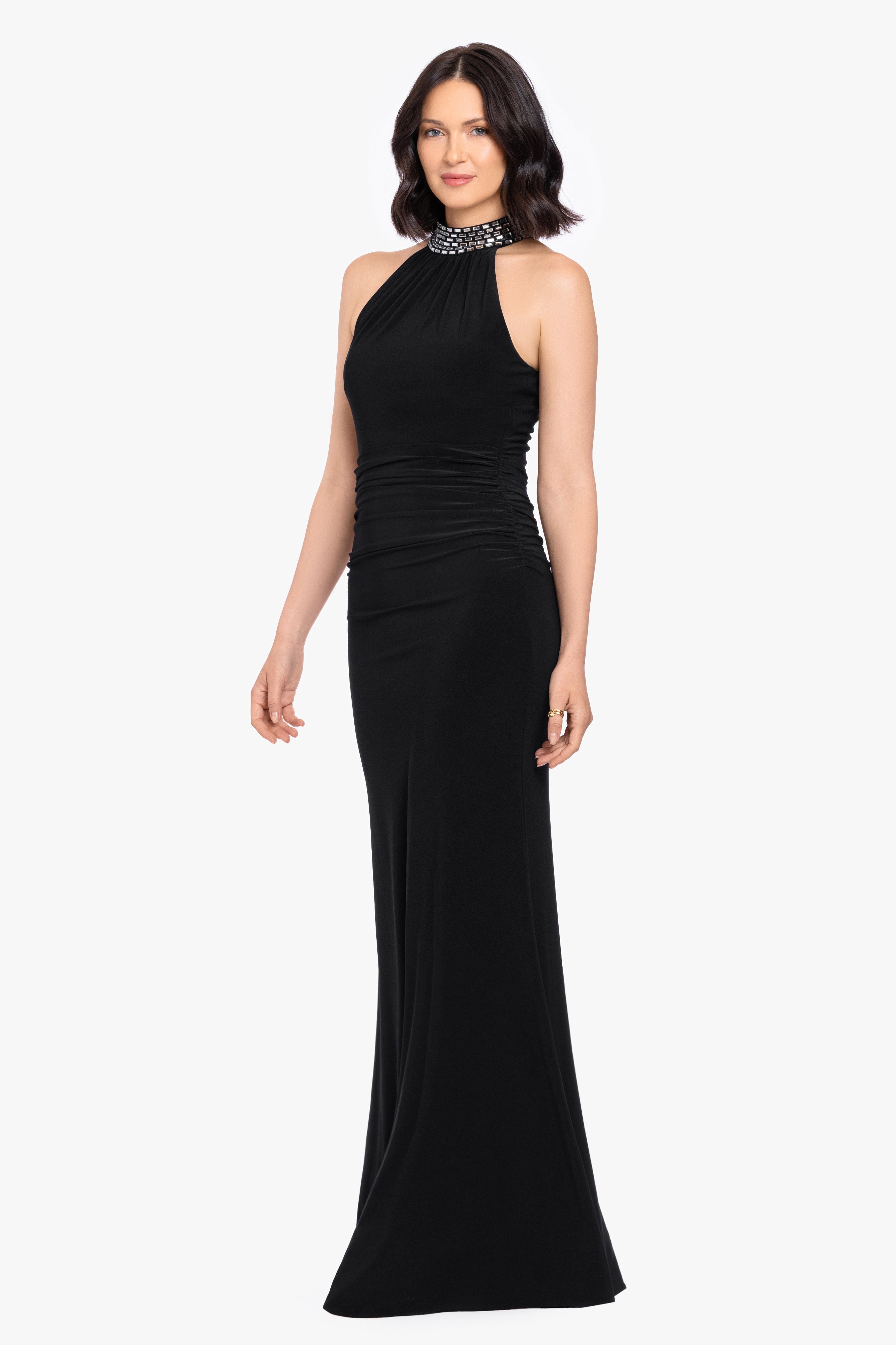 "Suki" Jersey Knit Mock Neck Beaded Dress