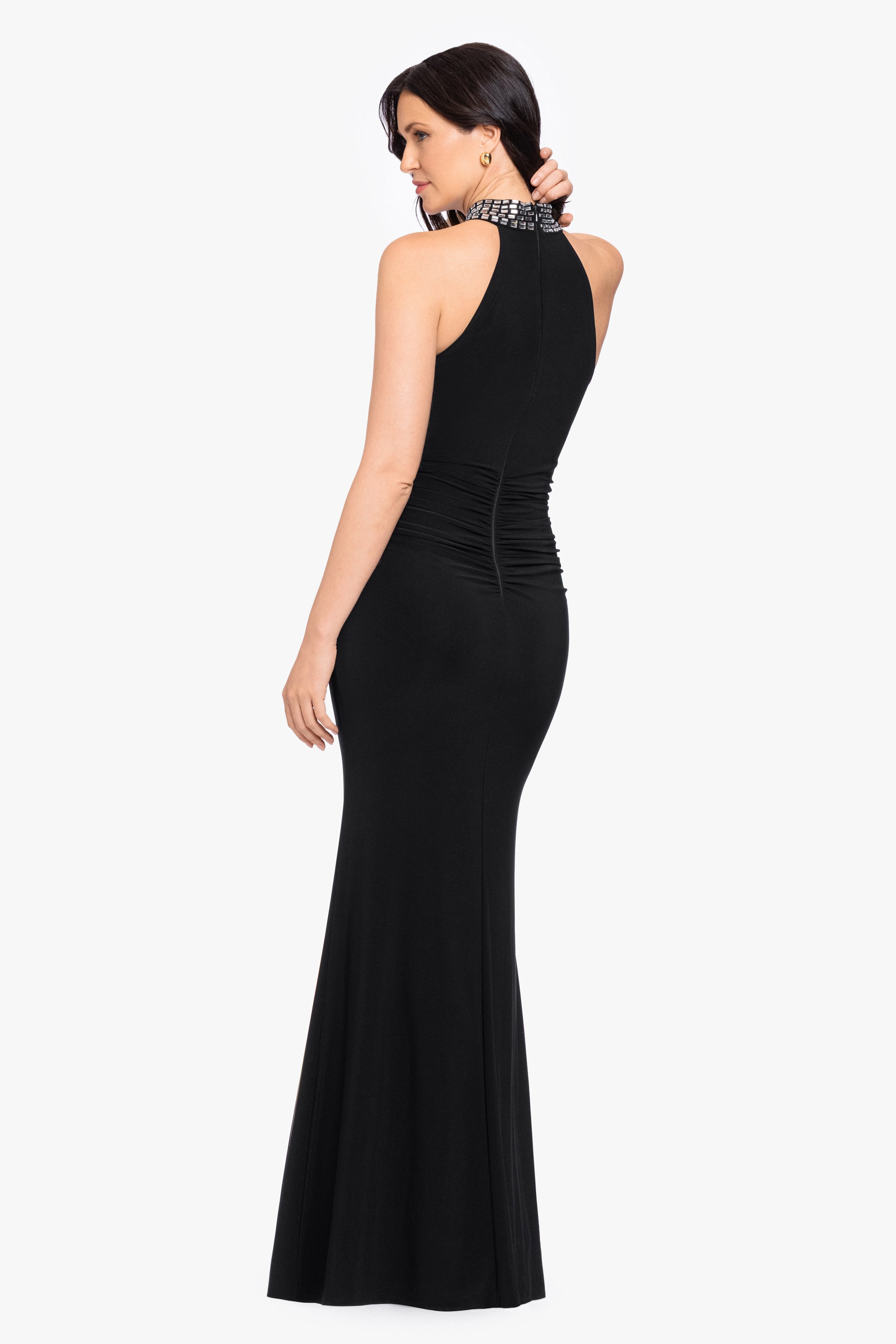 "Suki" Jersey Knit Mock Neck Beaded Dress