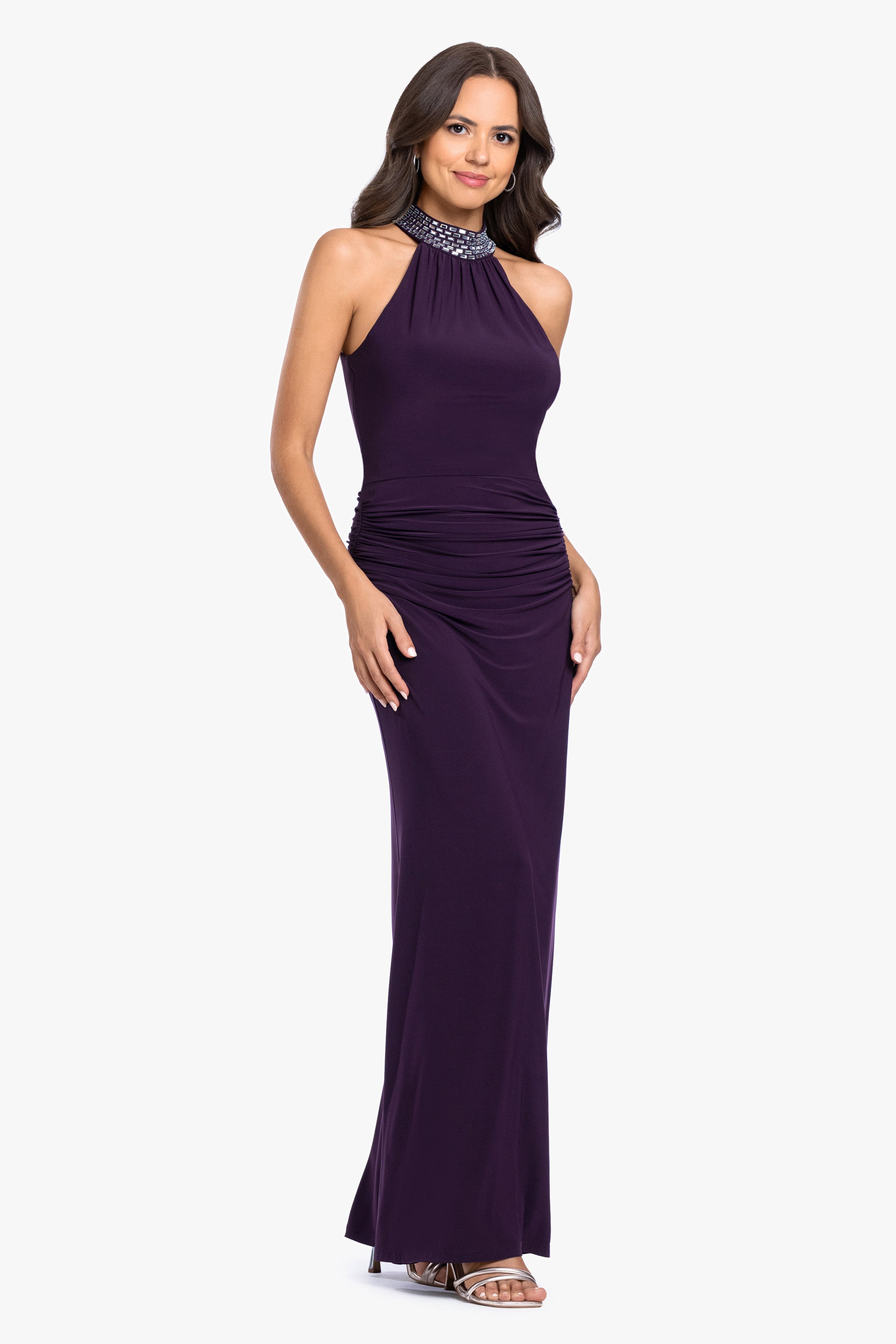 "Suki" Jersey Knit Mock Neck Beaded Dress