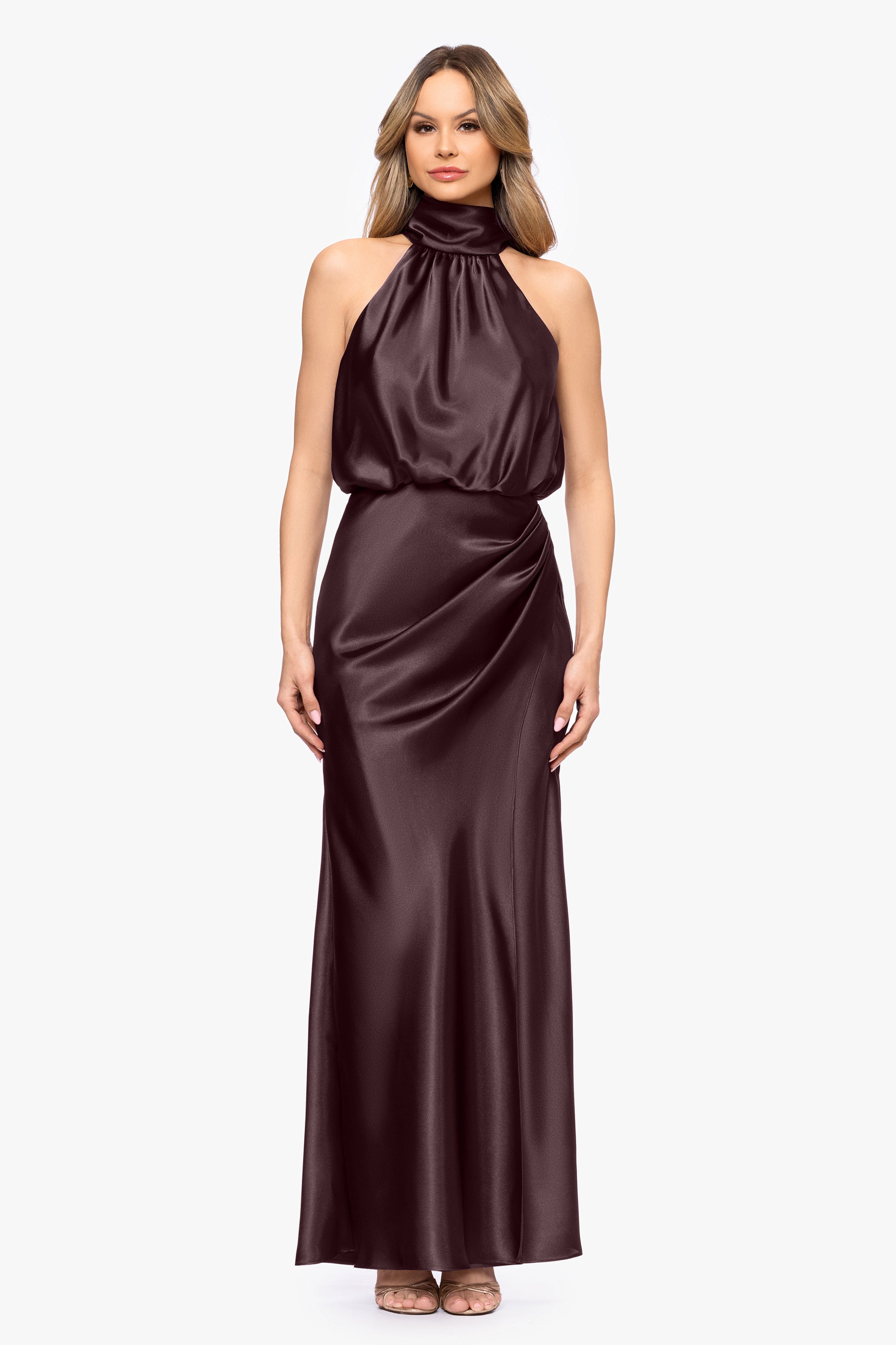 "Tara" Satin Tie Neck Floor Length Dress