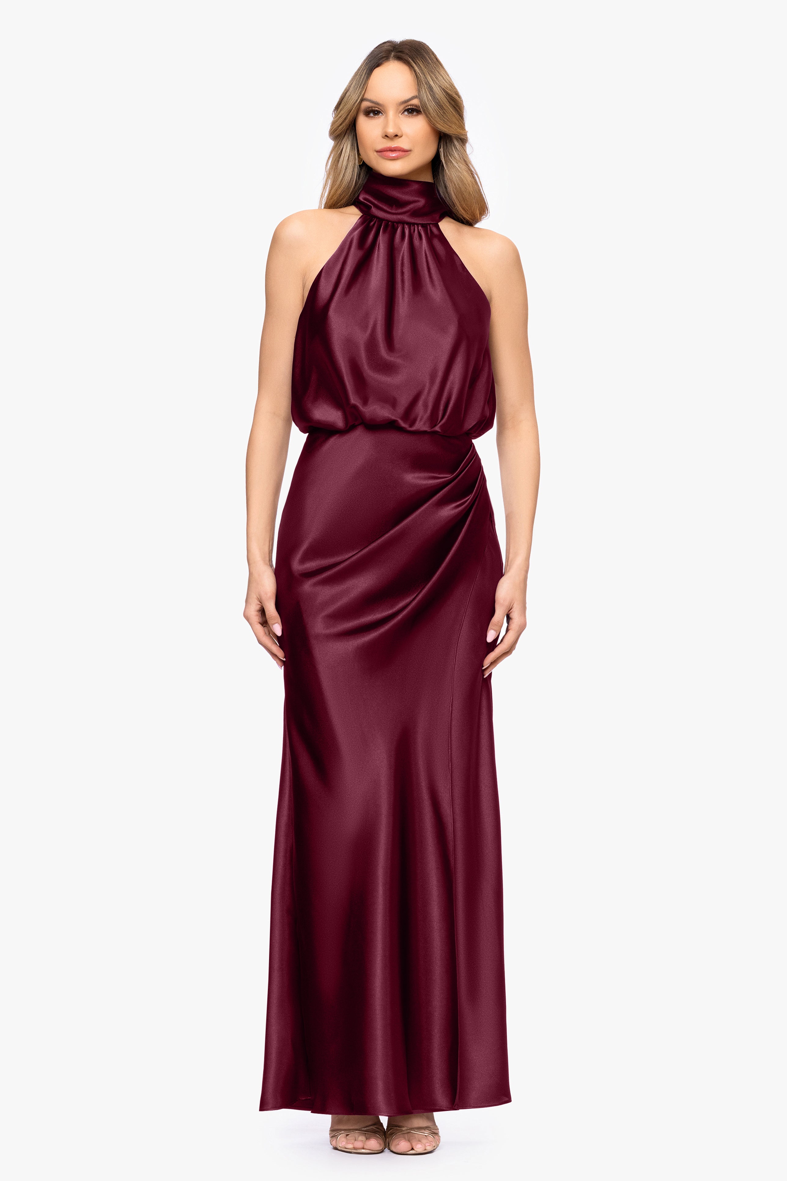 "Tara" Satin Tie Neck Floor Length Dress