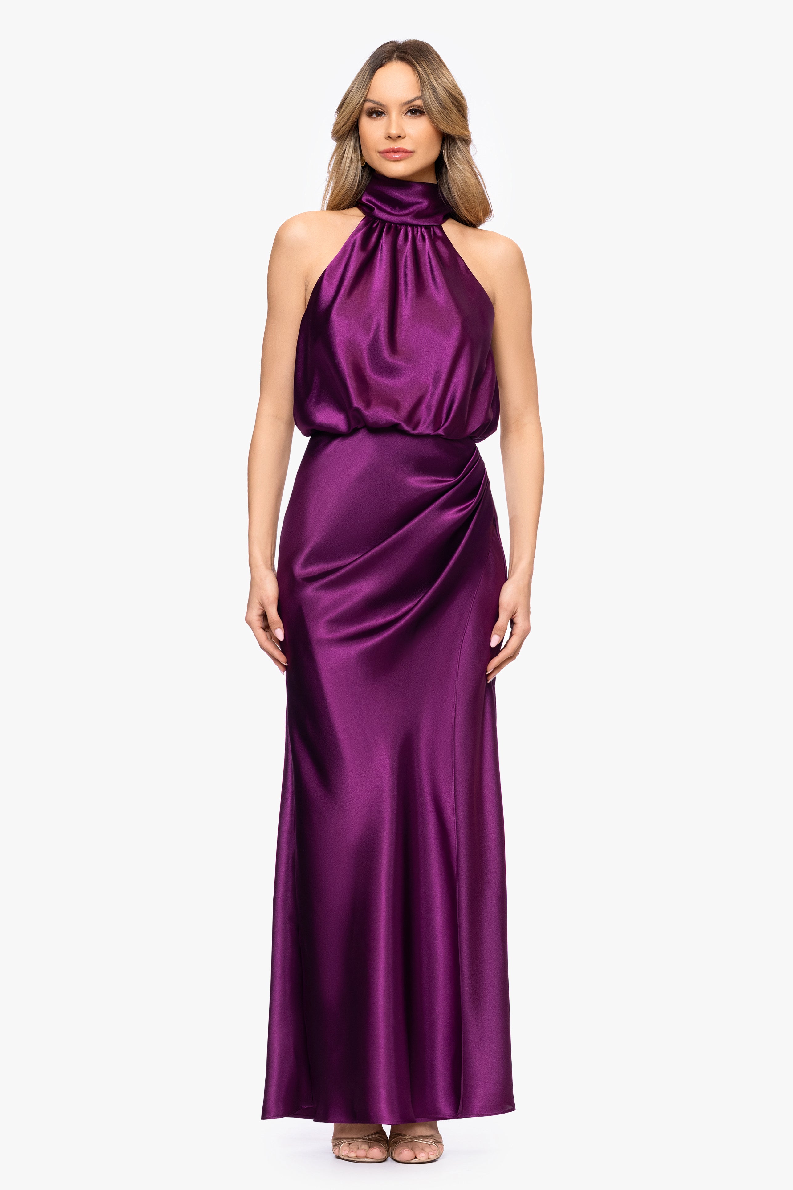 "Tara" Satin Tie Neck Floor Length Dress