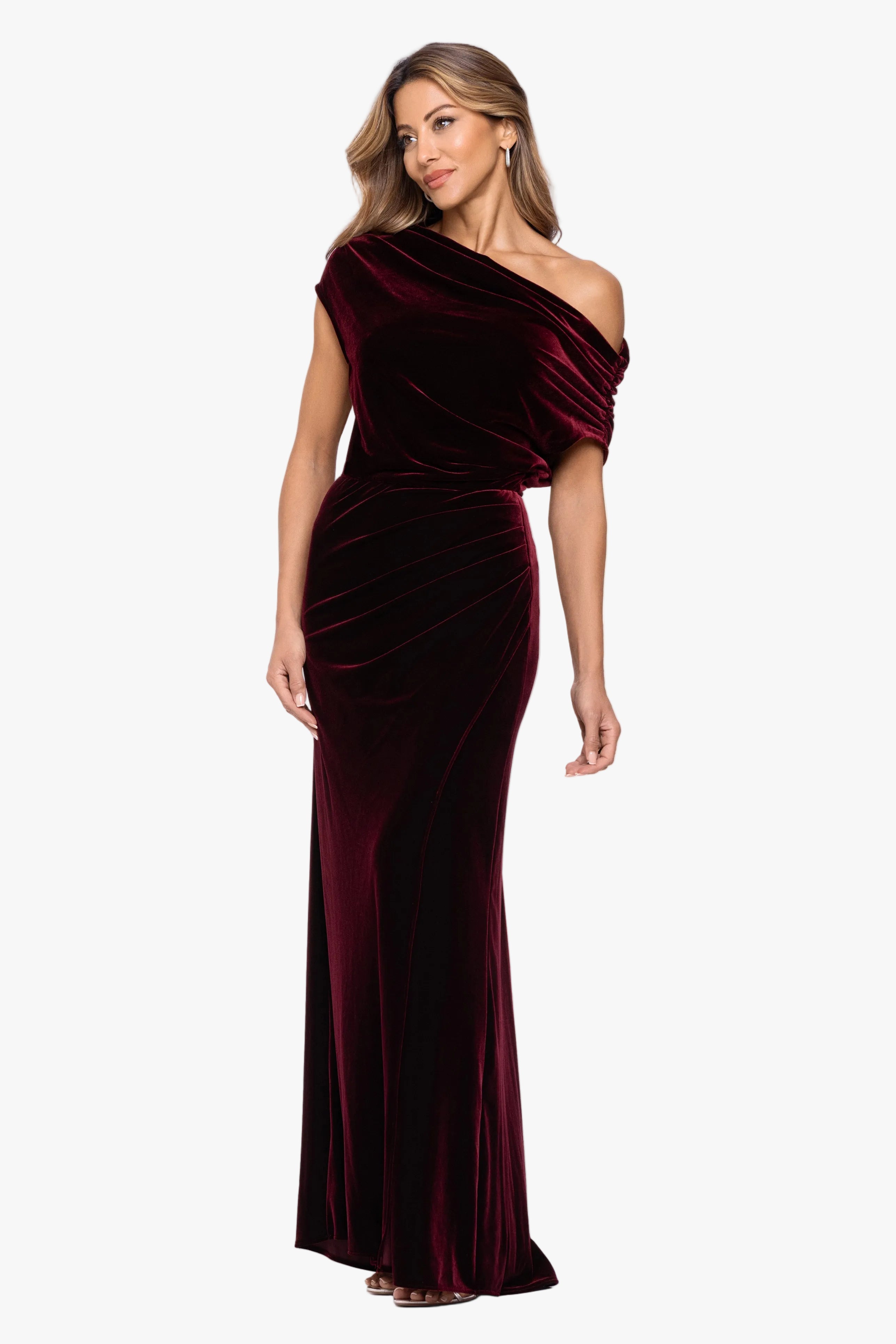 "Evie" Velvet Off The Shoulder Asymmetrical Dress