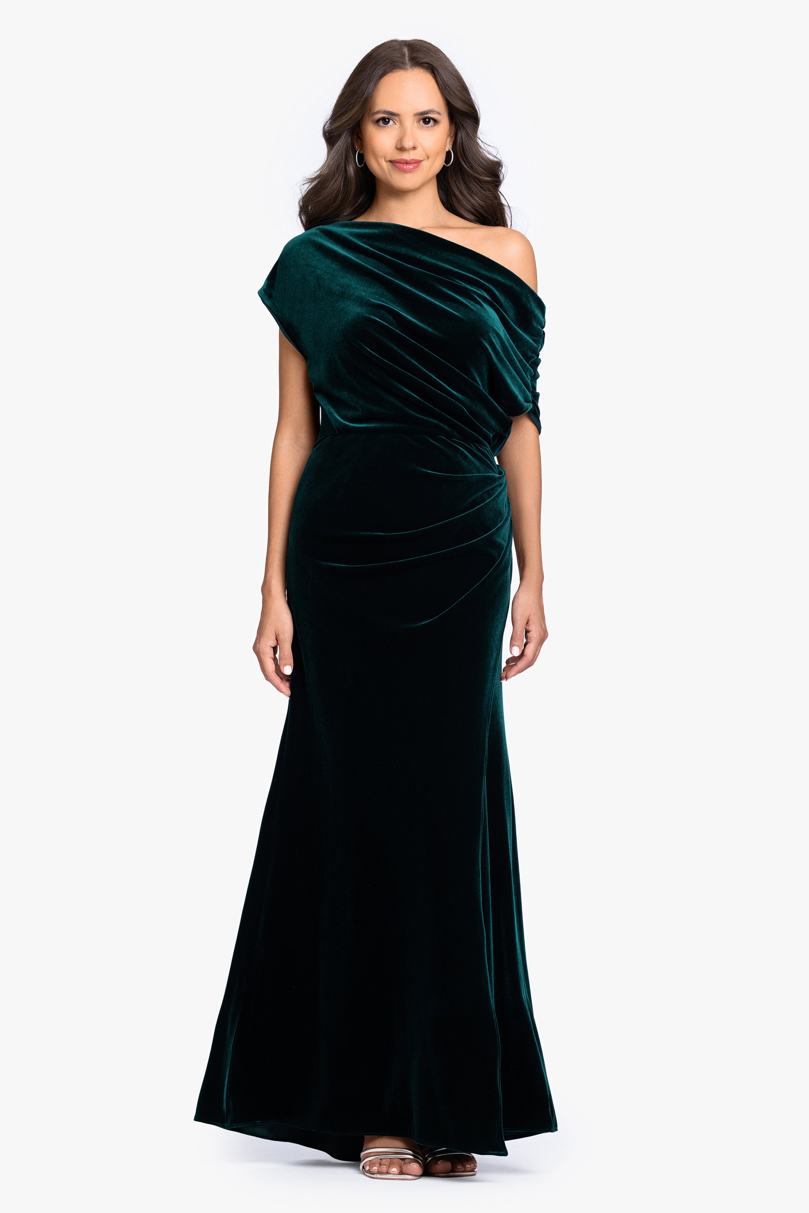 Hunter Evie Velvet Off the Shoulder Asymmetrical Dress, front view