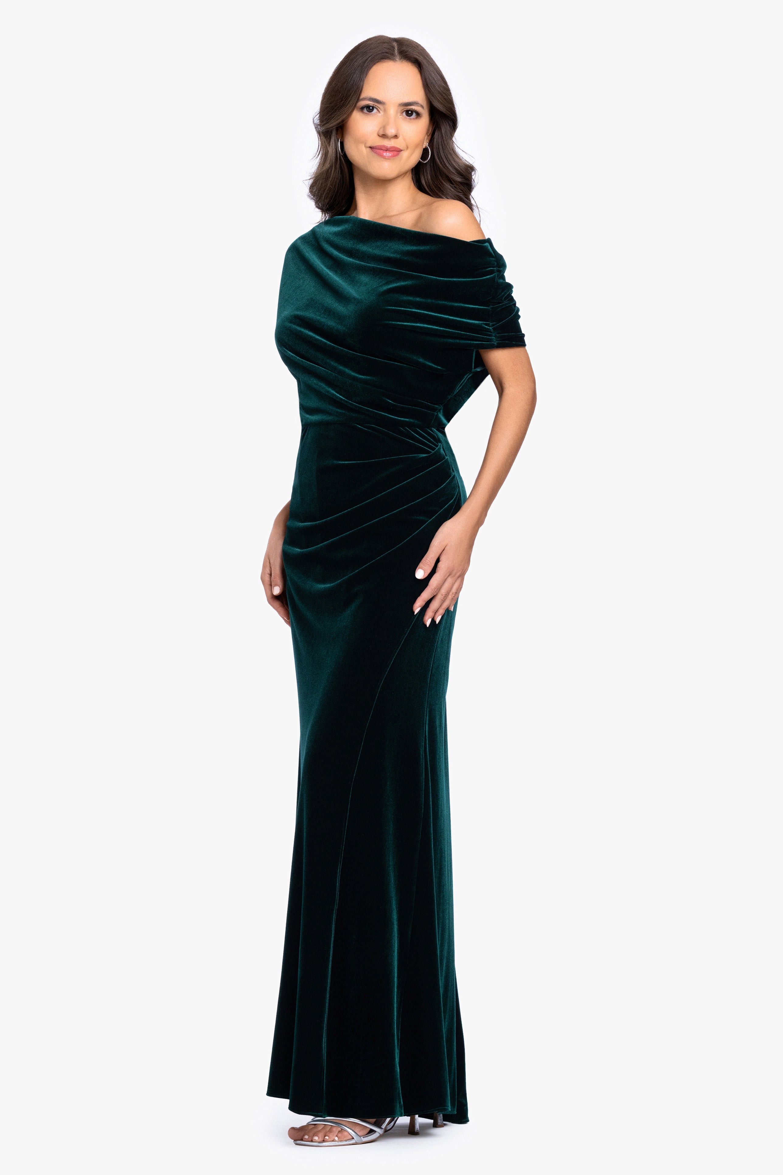 Evie Velvet Off the Shoulder Asymmetrical Dress, alternate front poses