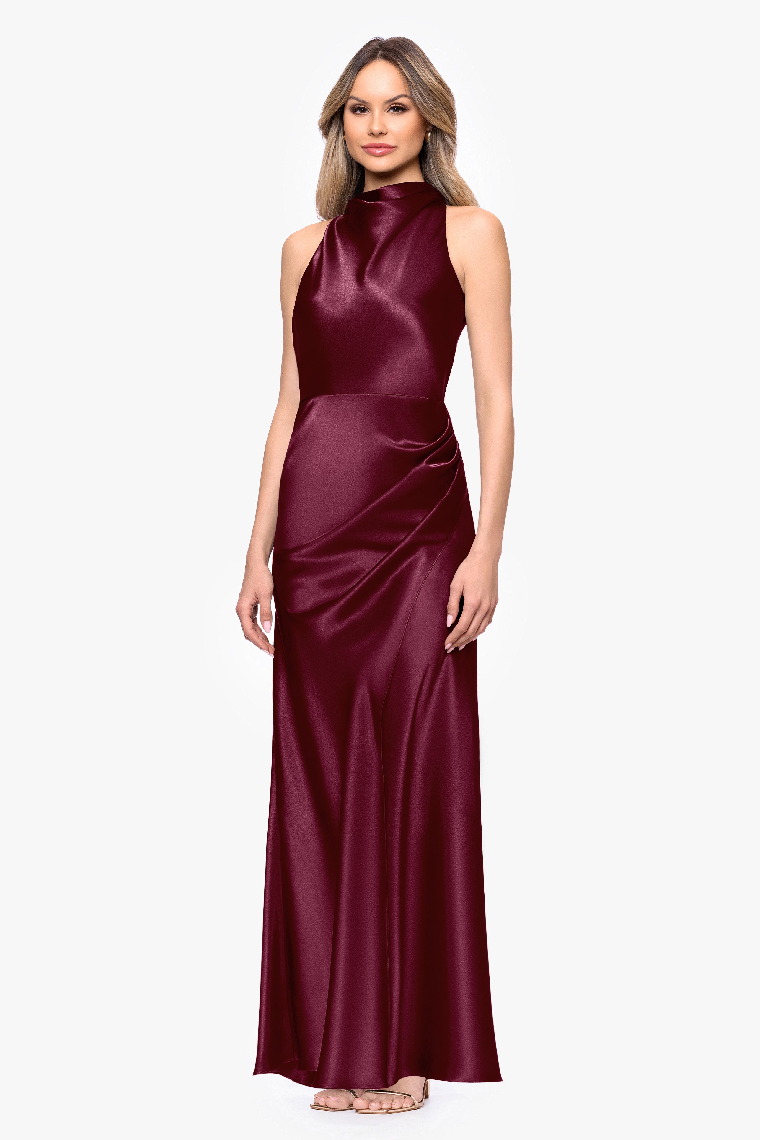 Petite "Tatum" Satin Cowl Mock Neck Dress