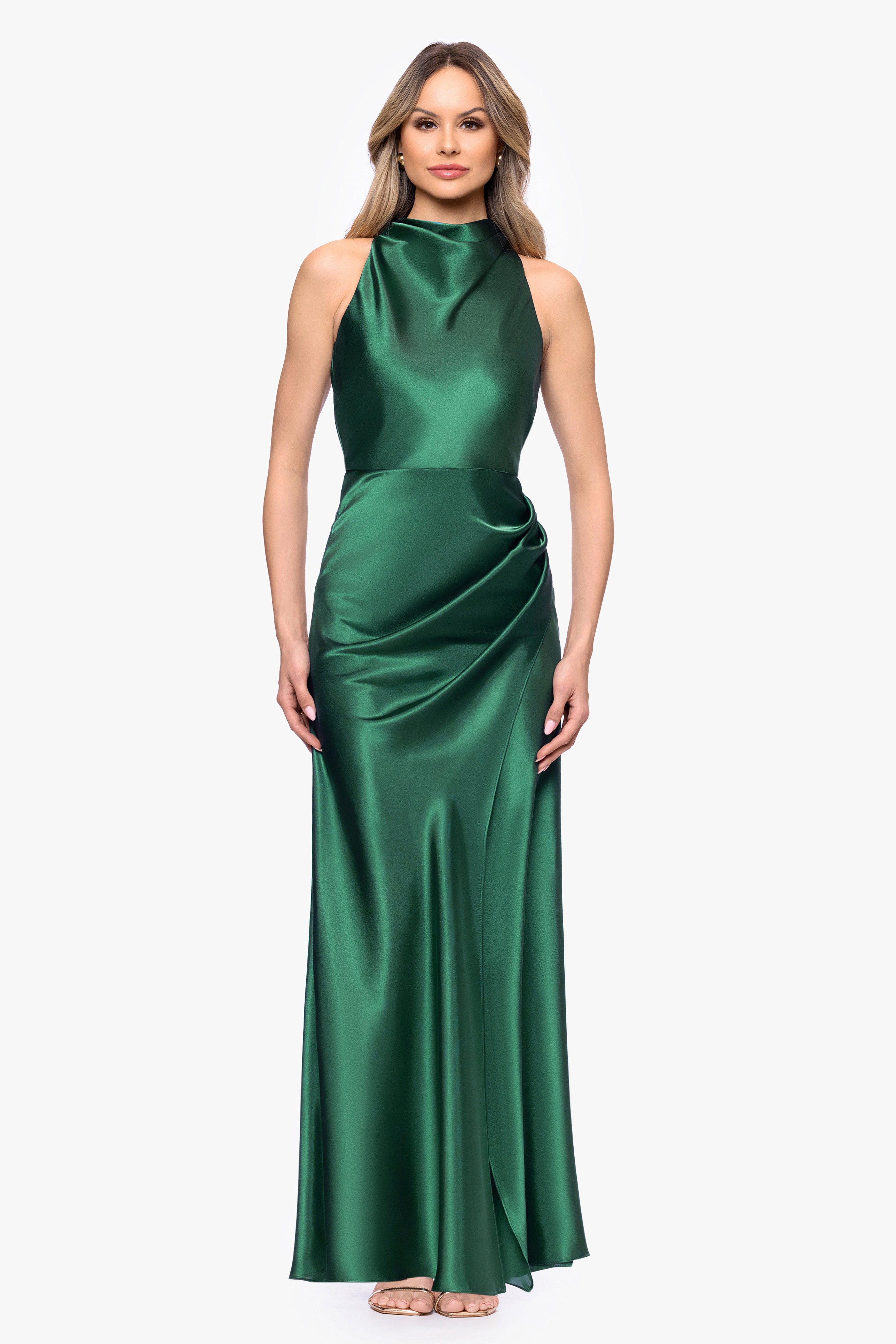 "Tatum" Satin Cowl Mock Neck Floor Length Dress