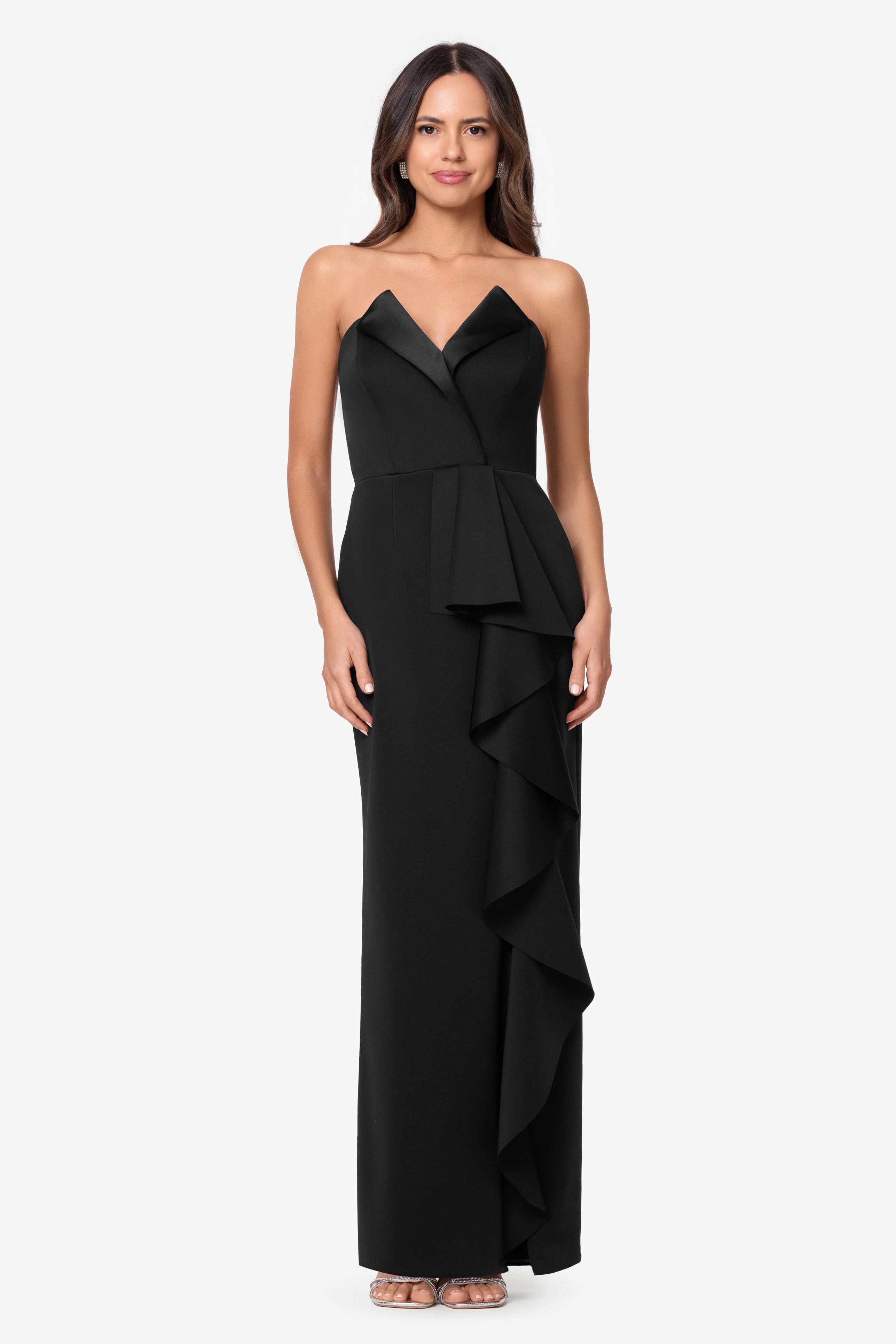 "Andrea" Techno Scuba Long Tuxedo Ruffle Dress