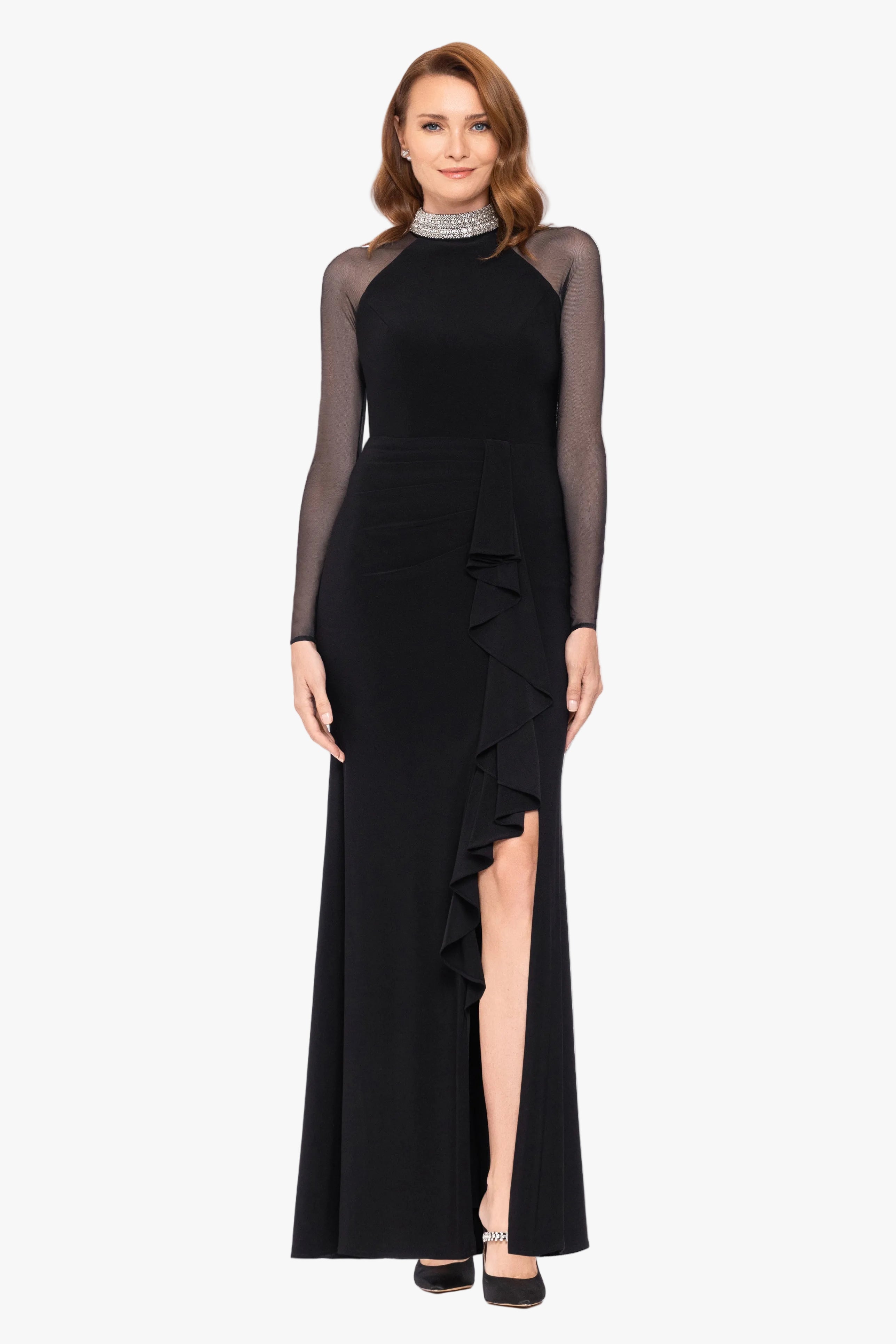 "Monique" Jersey Knit & Mesh Long Sleeve Dress
