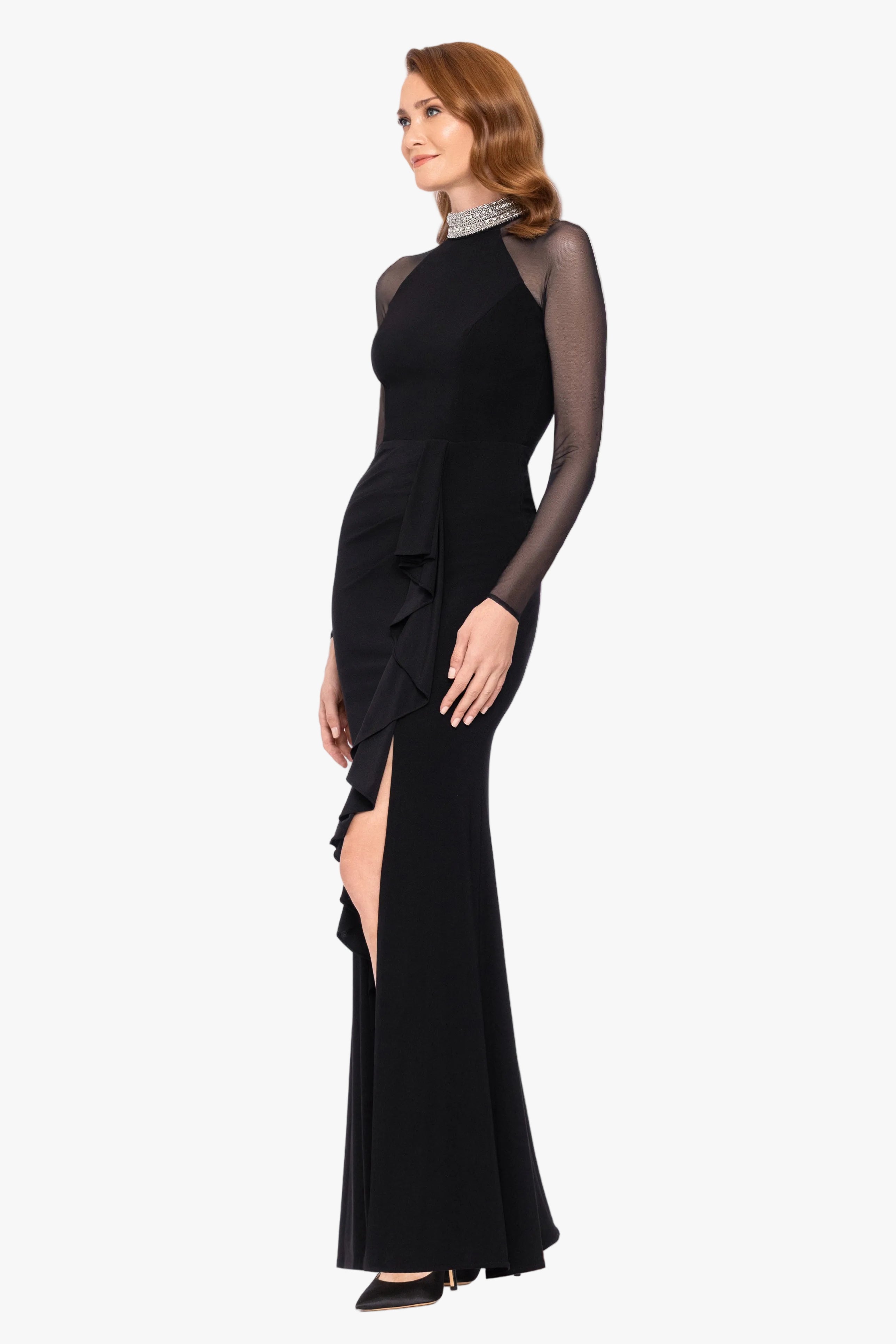 "Monique" Jersey Knit & Mesh Long Sleeve Dress