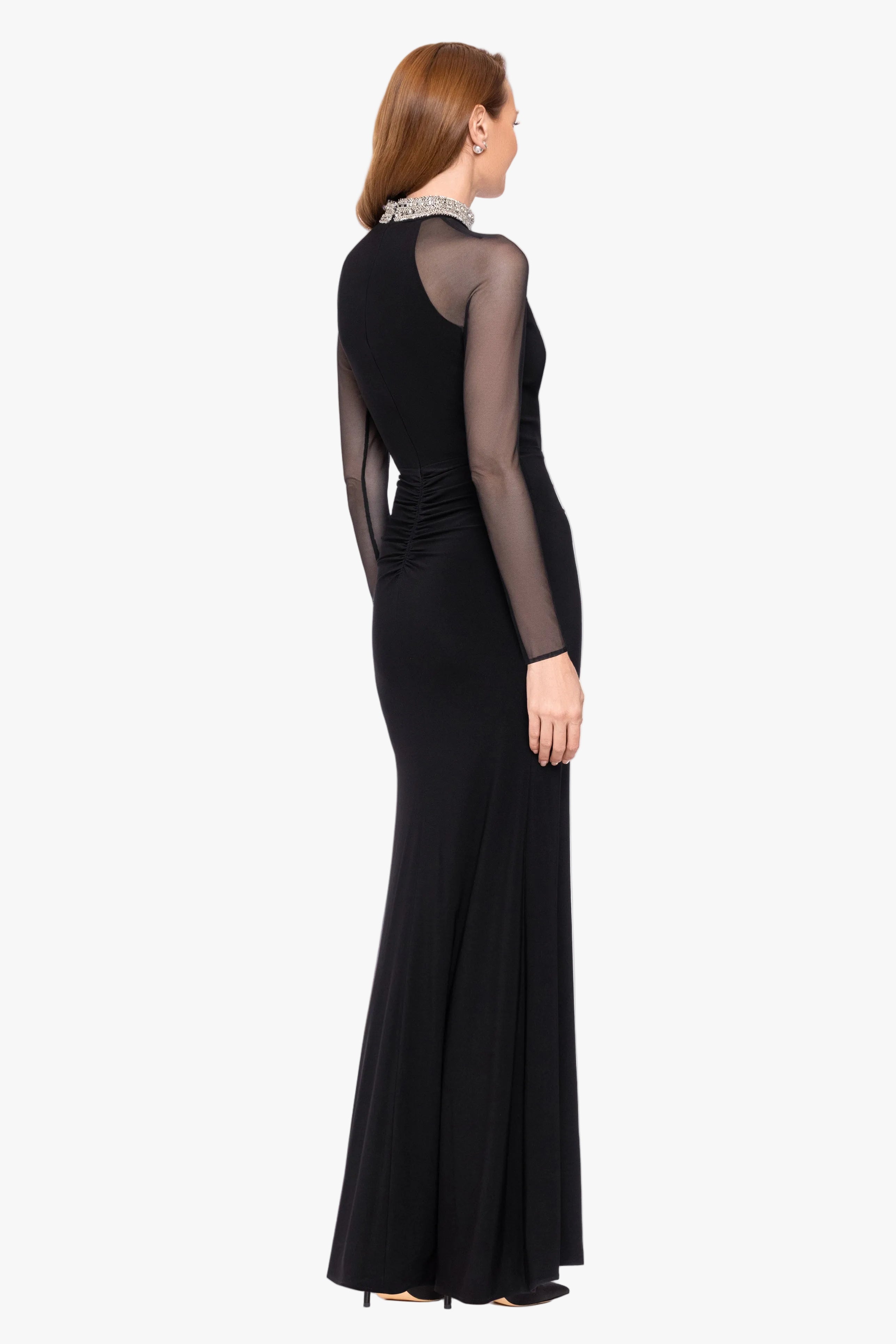 "Monique" Jersey Knit & Mesh Long Sleeve Dress