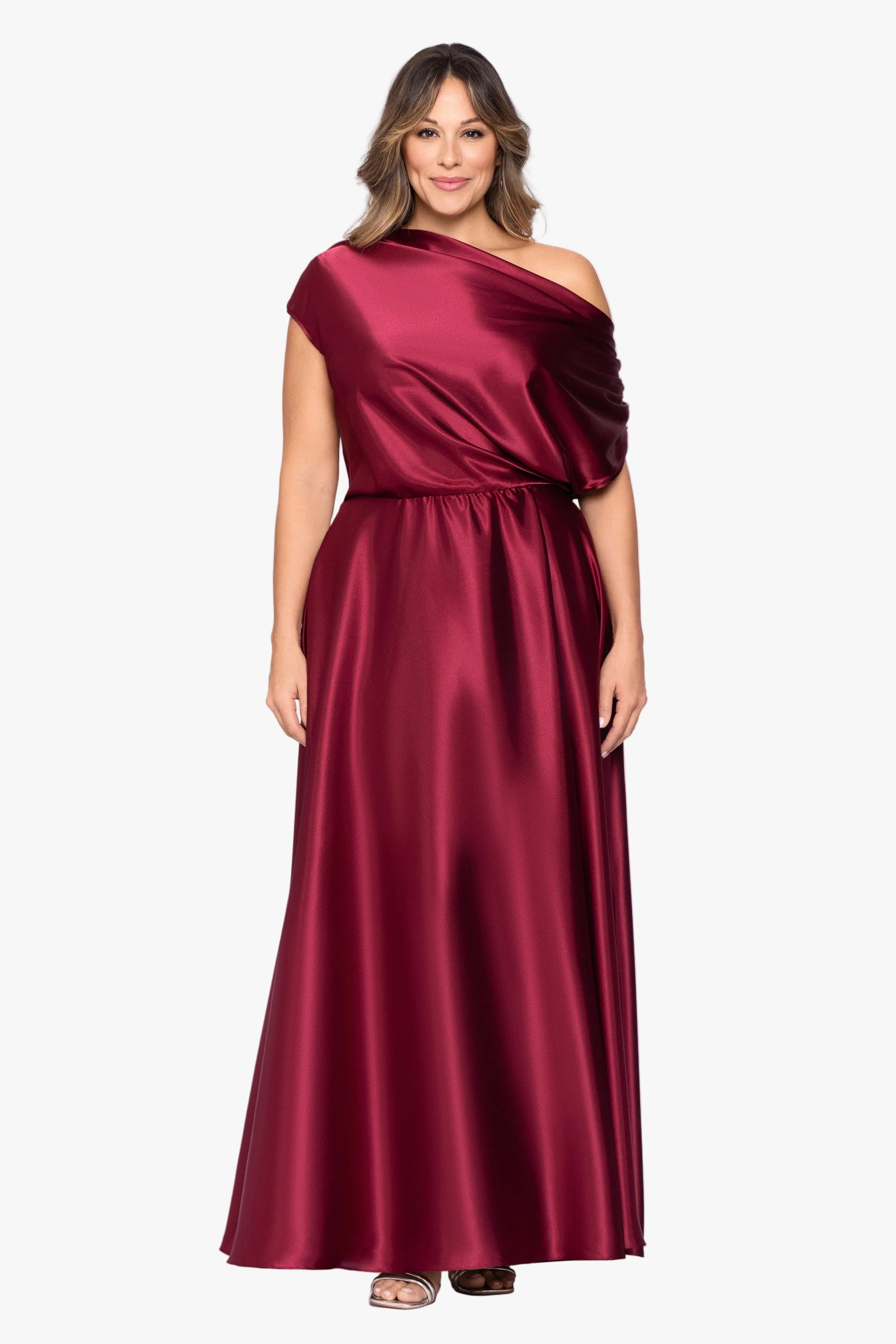 Plus "Soley" Charmeuse Off Shoulder Ruched Gown