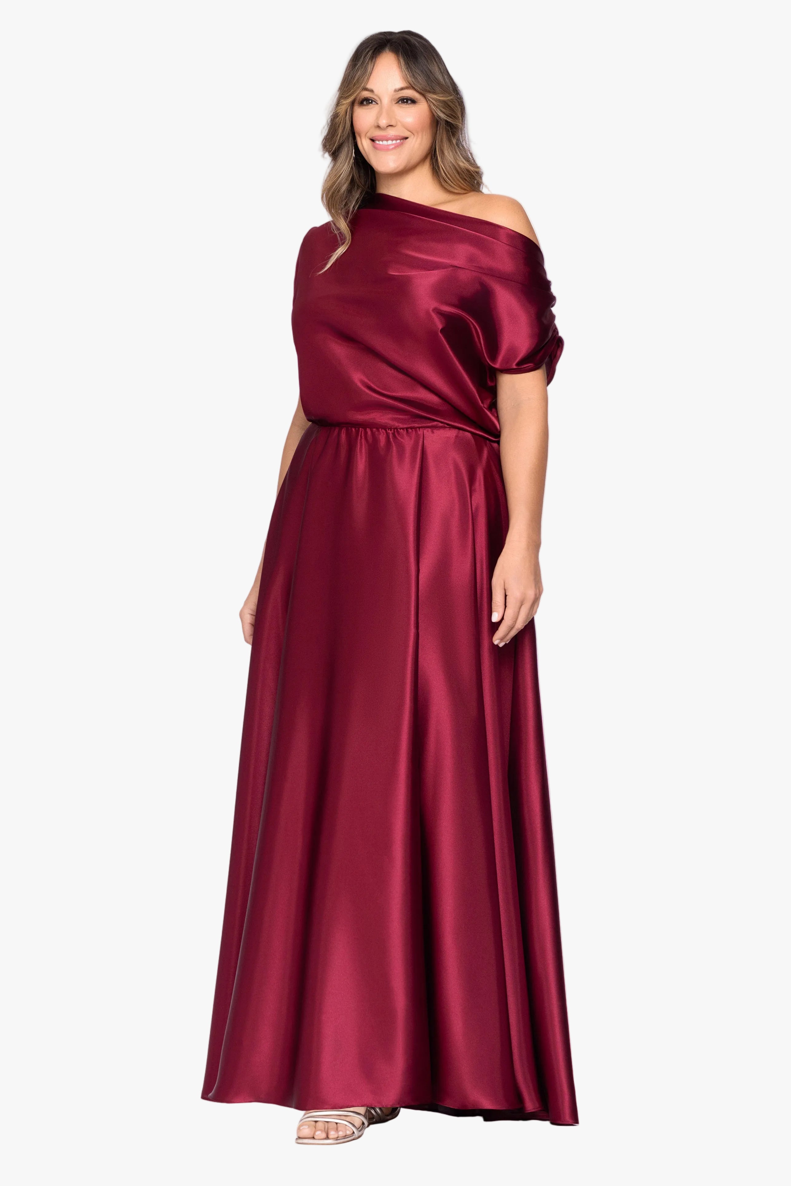 Plus "Soley" Charmeuse Off Shoulder Ruched Gown