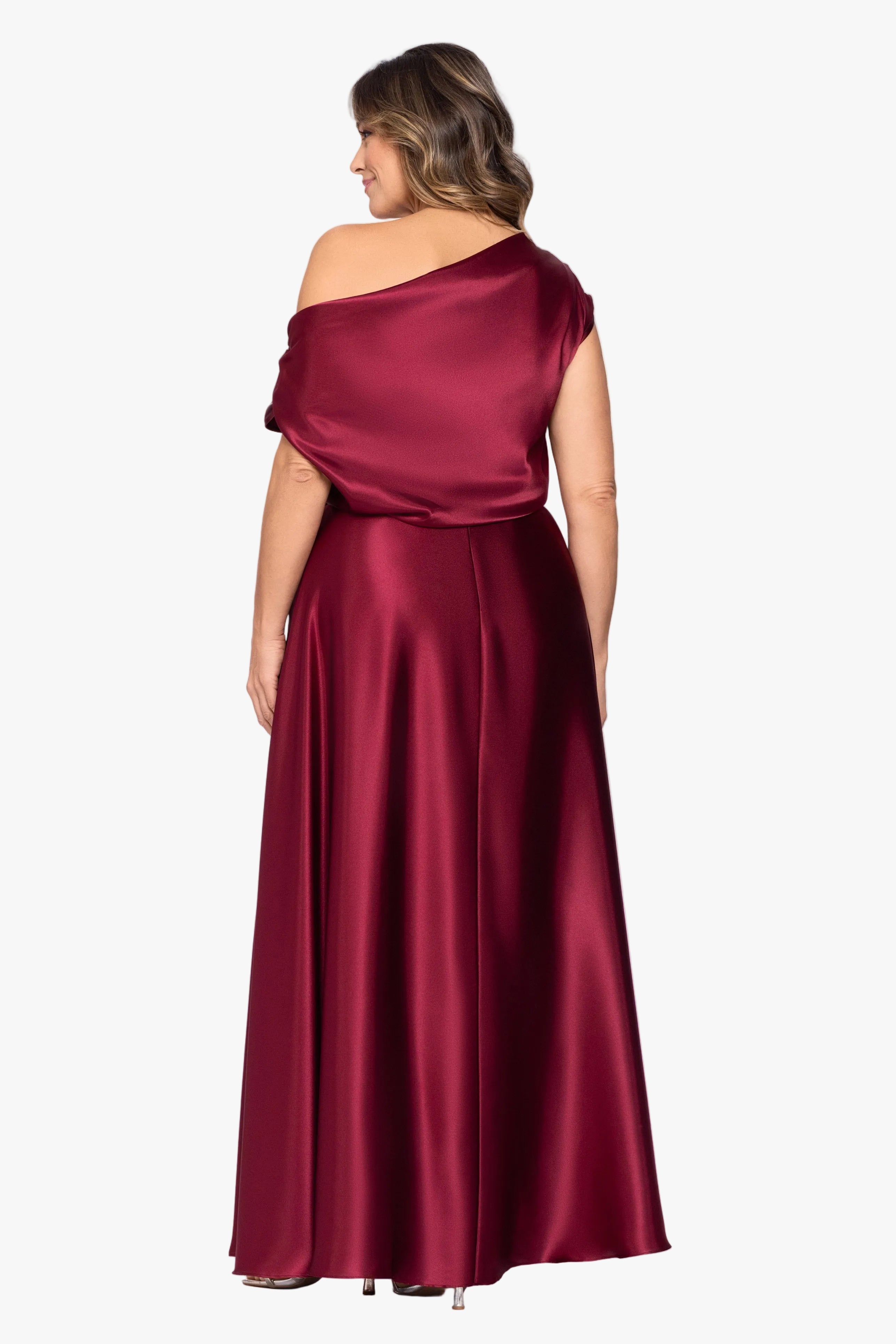 Plus "Soley" Charmeuse Off Shoulder Ruched Gown