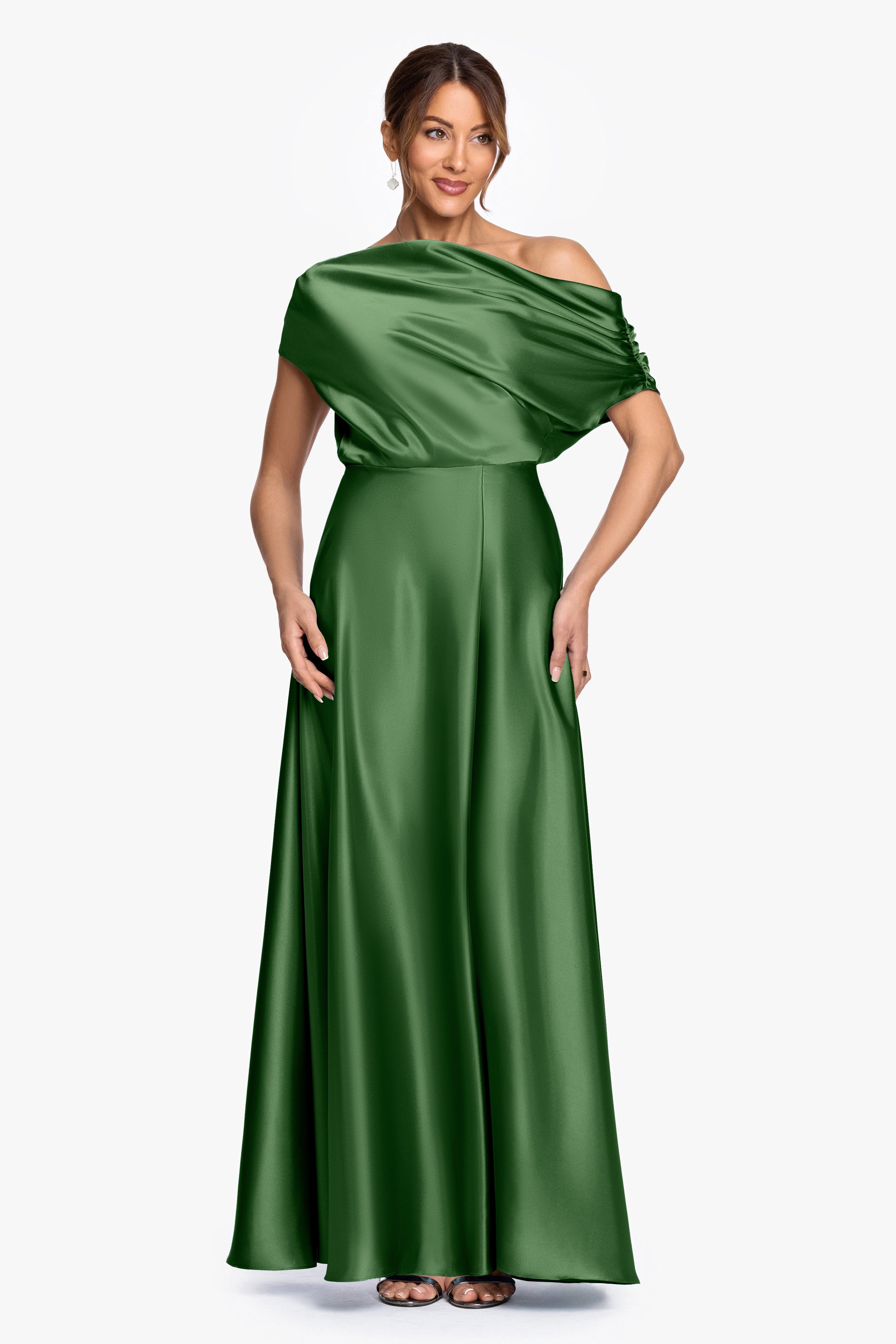 "Soley" Satin Off The Shoulder Ruched Gown